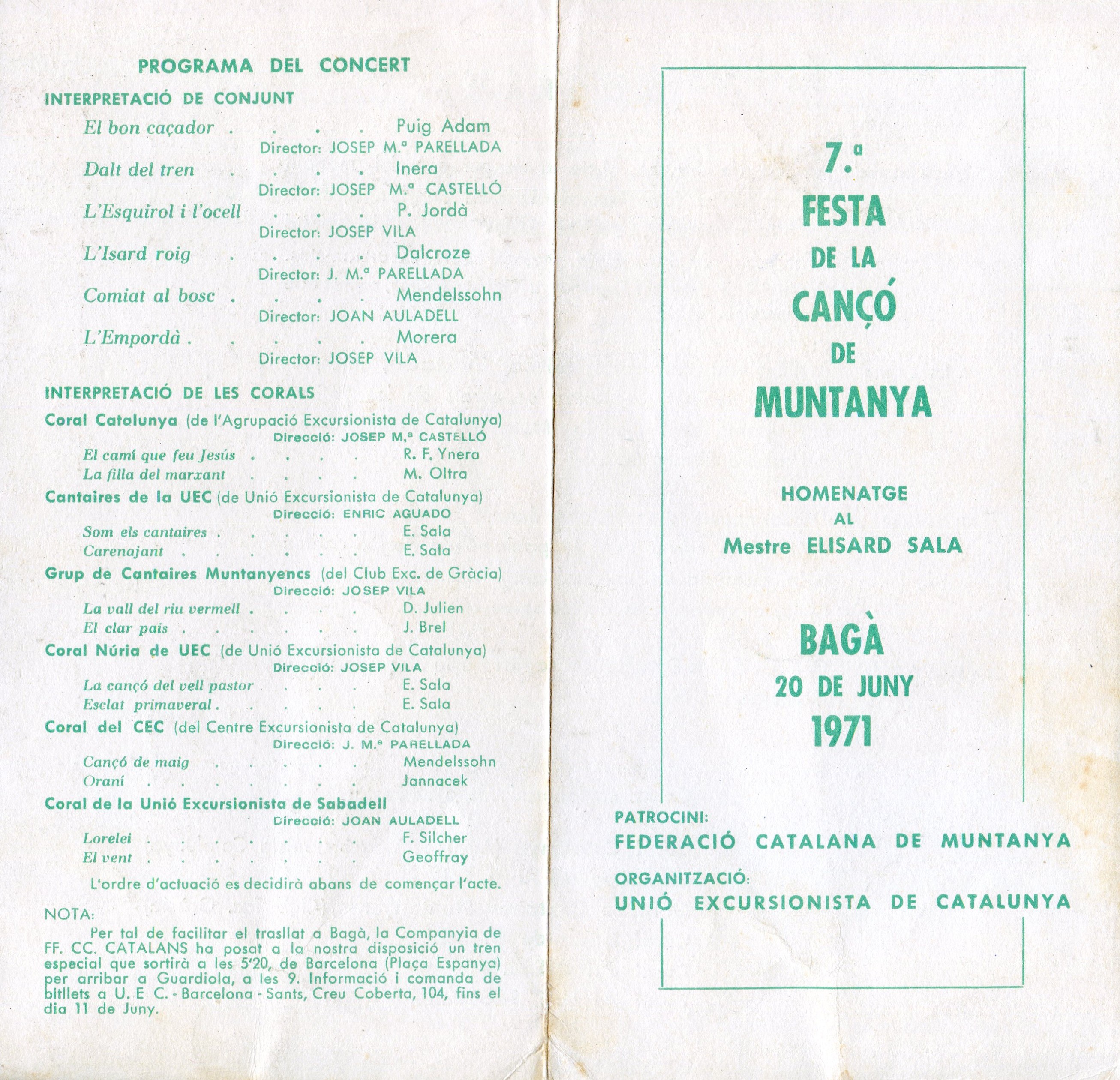 7ª Festa de la Cançó de Muntanya : Homenatge al mestre Elisard Sala : Bagà 20 de juny 1971 - Portada