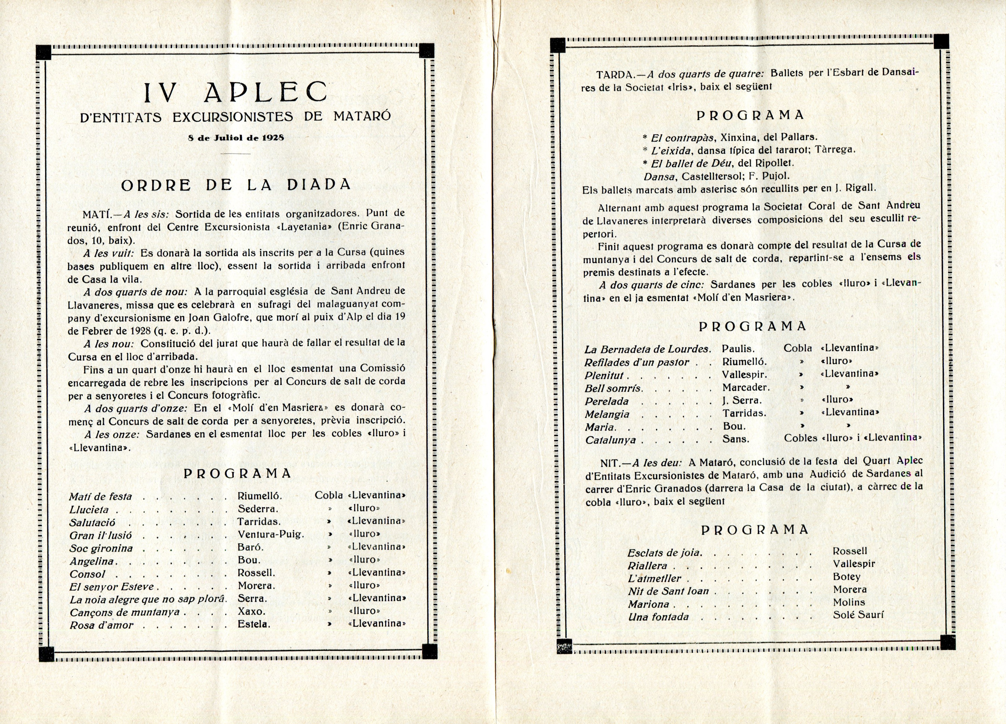 IV Aplec d'Entitats Excursionistes de Mataró a la propietat de D. Ignasi de Caralt antic molí d'en Masriera : Sant Andreu de Llavaneres : 8 de Juliol de 1928 - Miniatura 2