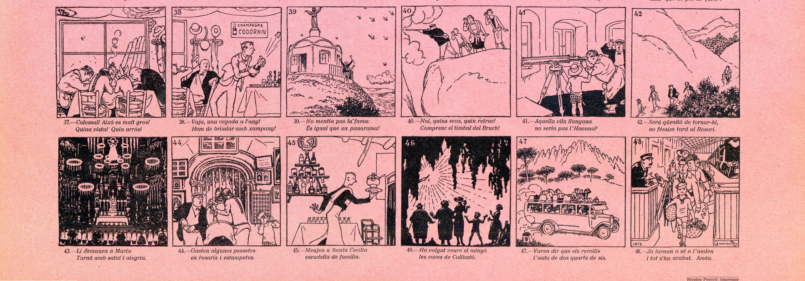 Auca de Montserrat : Aquí, lector il·lustrat, -veuràs l'excursió rodona que feren a Montserrat- uns senyors de Barcelona : Si vols ésser ben casat duu la dona a Montserrat - Miniatura 4