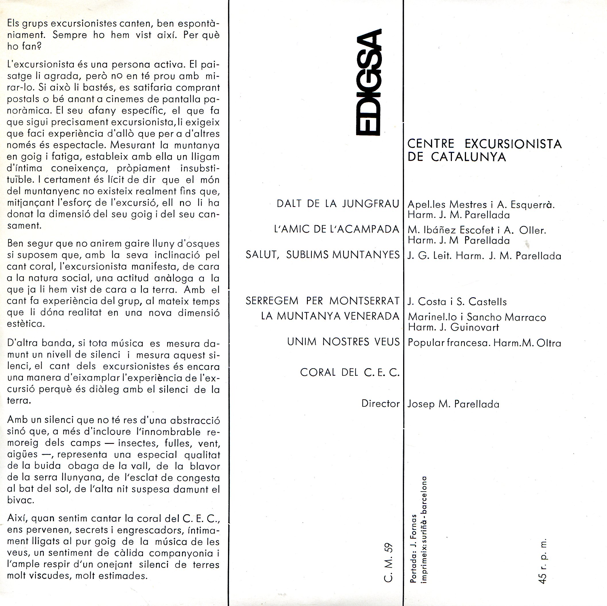 Centre Excursionista de Catalunya : Dalt de la Junfrau · Serregem per Montserrat · La muntanya venerada · L'amic de l'acampada · Unim nostres veus · Salut, sublims muntanyes : CM 59 EDIGSA - Miniatura 2