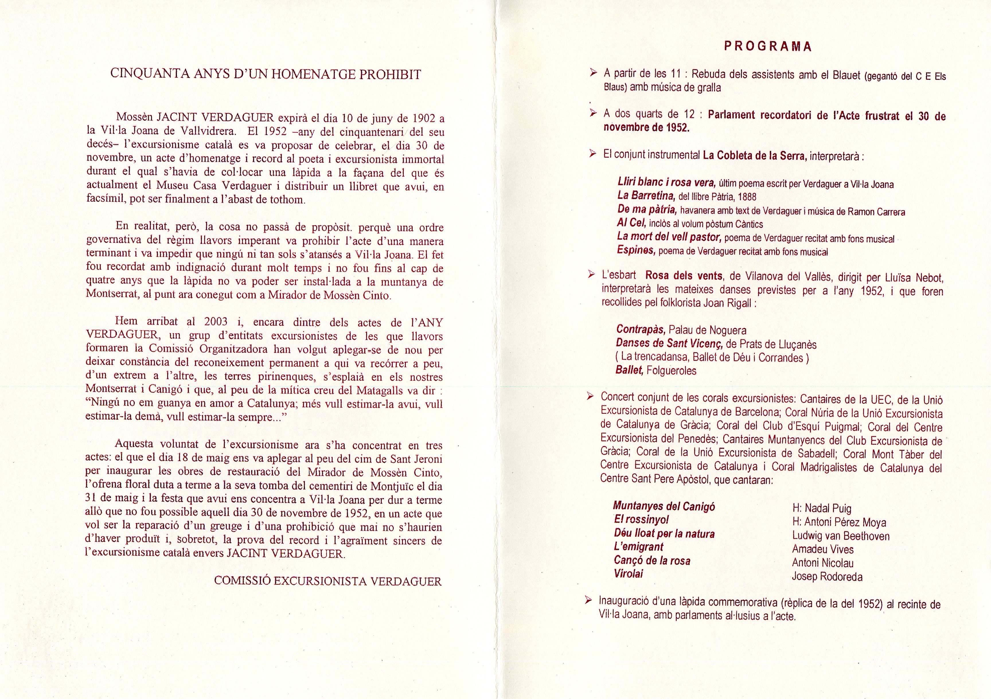 Acte d'homenatge de l'excursionisme català a Jacint Verdaguer : A la Vil·la Joana de Vallvidrera (Barcelona) : Diumenge, 1 de juny de 2003 - Miniatura 2
