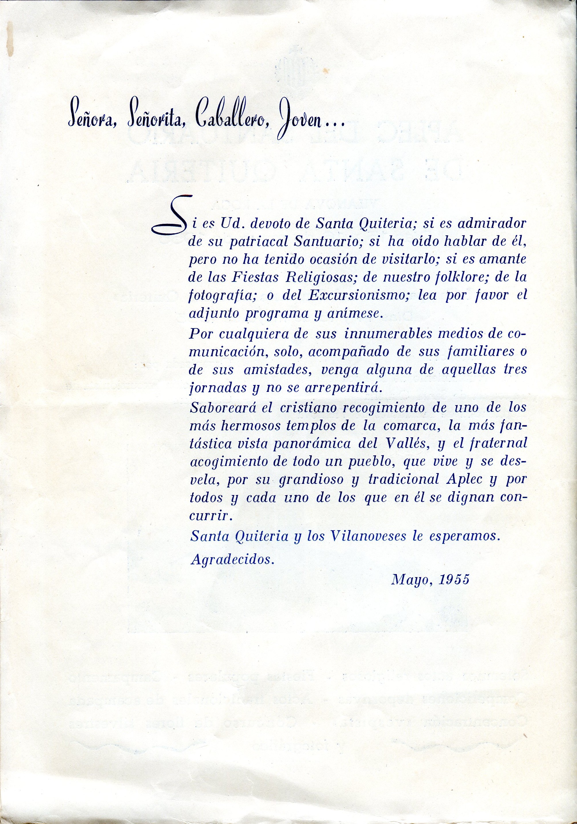 Aplec del santuario de Santa Quiteria : Vilanova de la Roca : Días 15 y 16 de mayo de 1955 : "I Campamento del Santuario de Santa Quiteria" - Miniatura 2