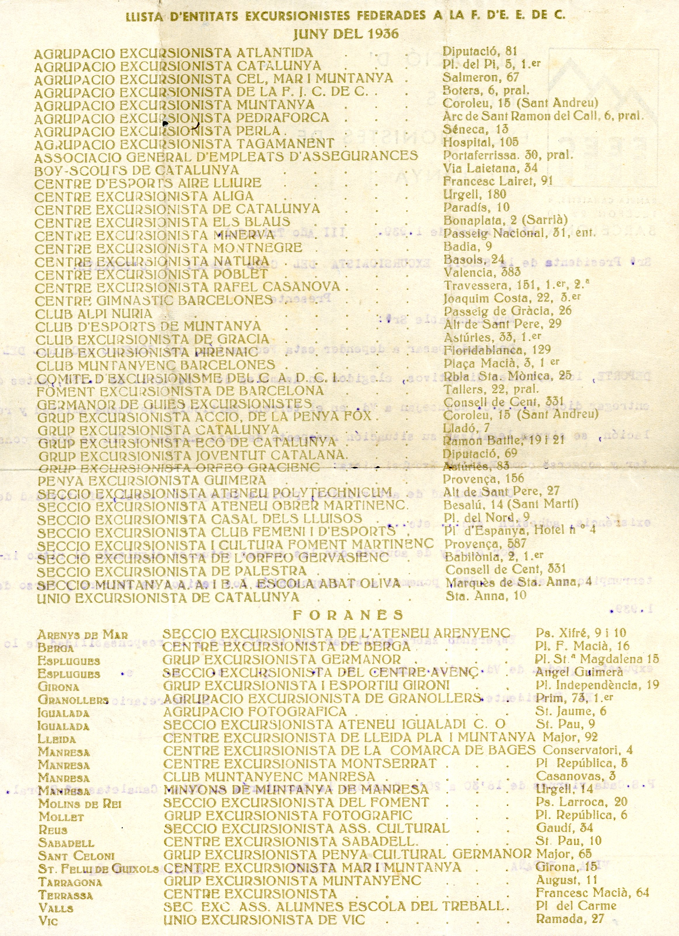 Llista d'entitts excursionistes federades a la F. d'E.E.de C. Juny del 1936 - Miniatura 2