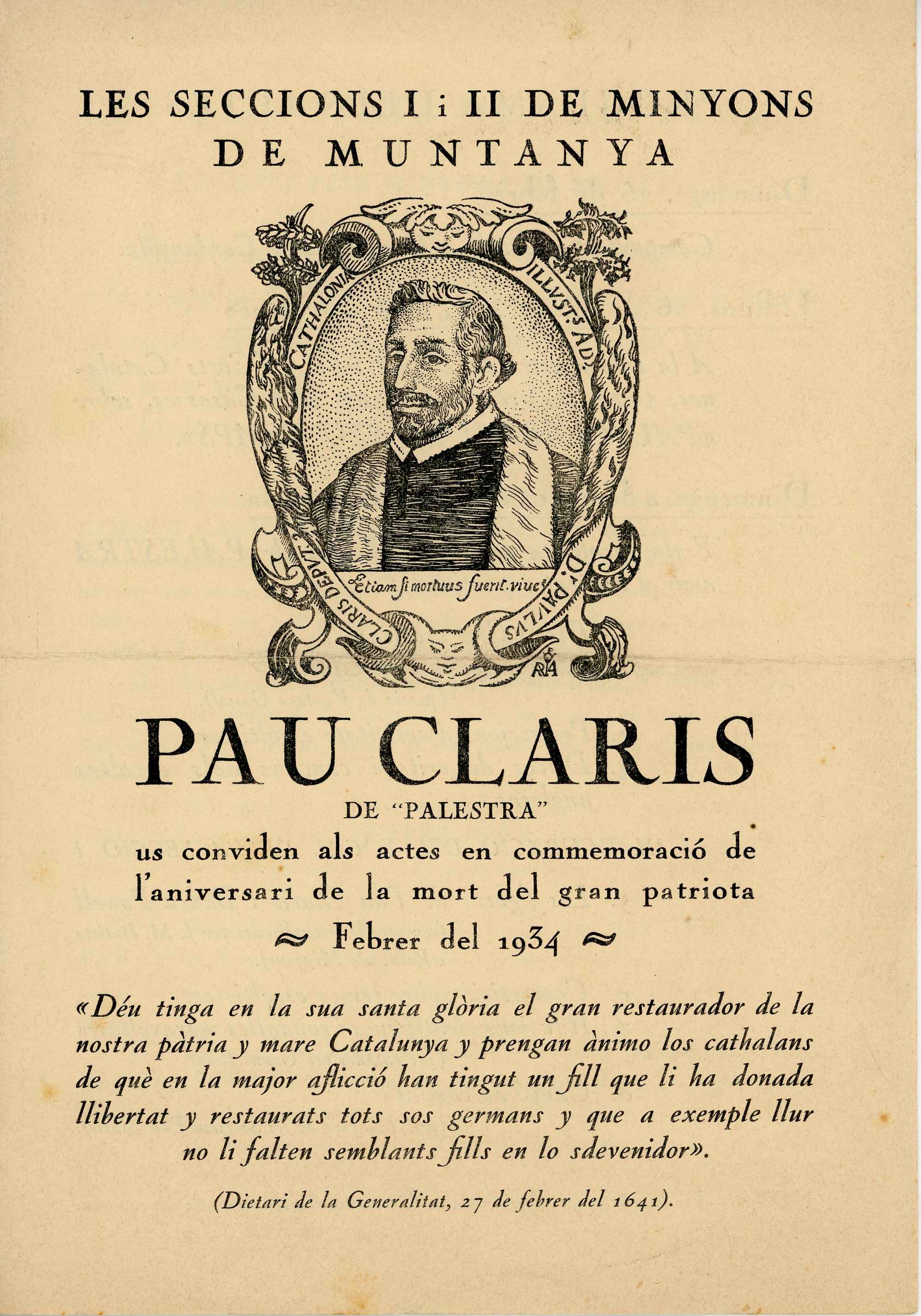 Seccions I i II de Minyons de Muntanya Pau Claris de "Palestra" us convidem als actes en commemoració de l'aniversari de la mort del gran patriota - Portada