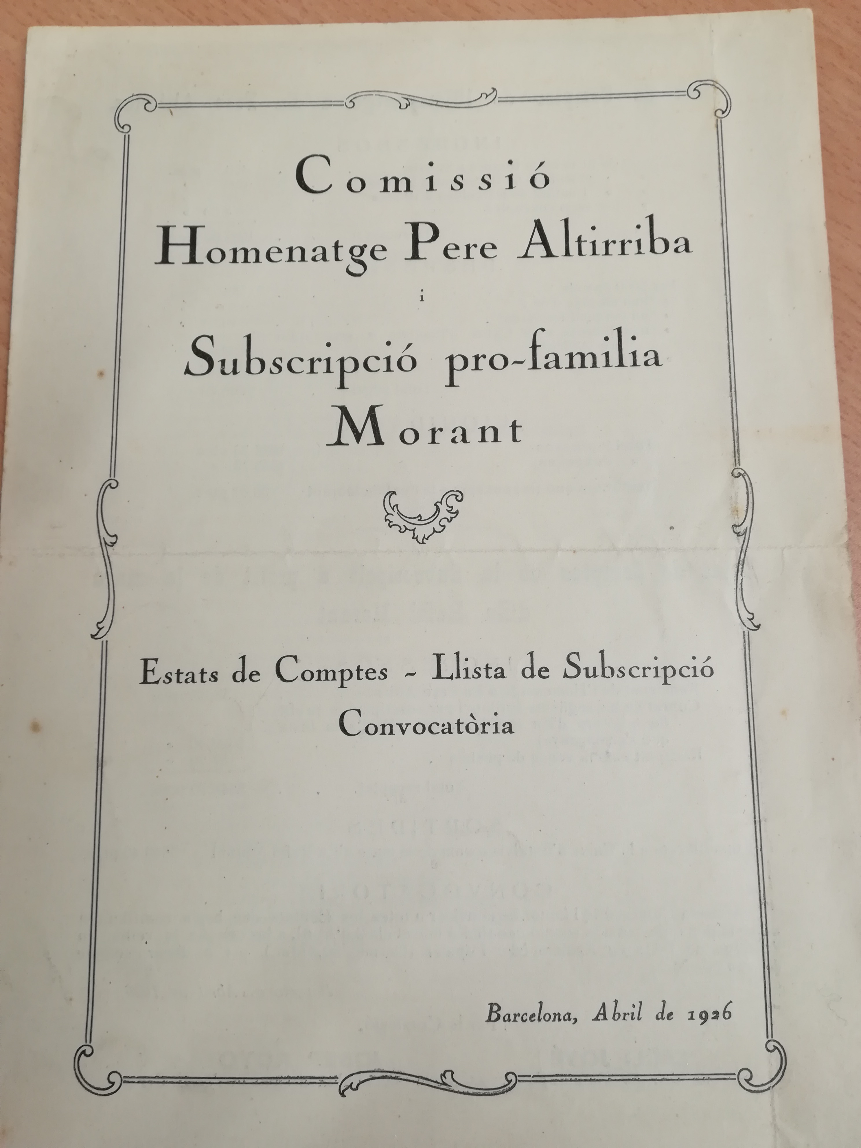 Comissió Homenatge Pere Altirriba i Subscripció pro-família Morant : Estat de comptes - Llista de subscripció - Convocatòria - Miniatura 2
