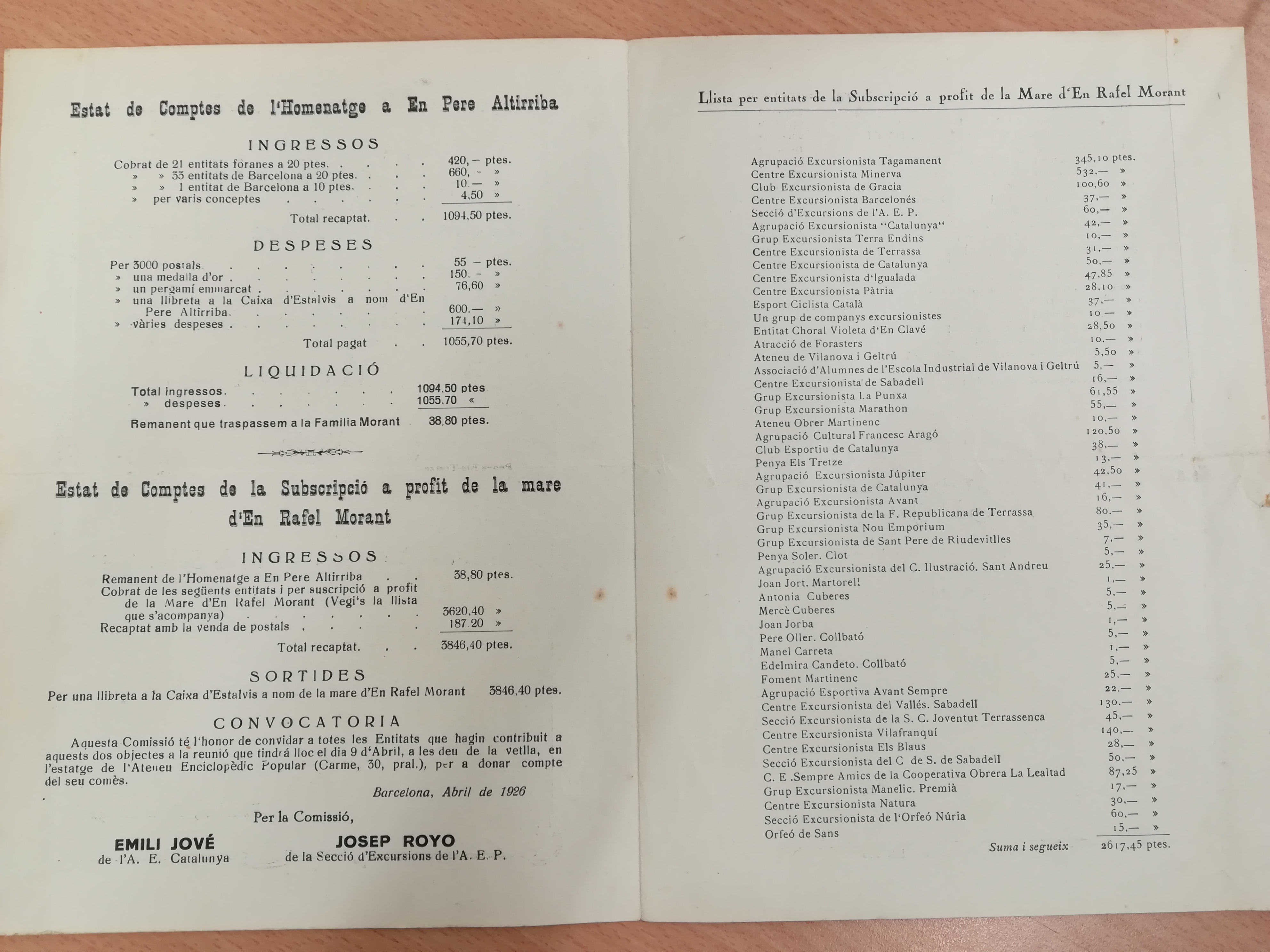 Comissió Homenatge Pere Altirriba i Subscripció pro-família Morant : Estat de comptes - Llista de subscripció - Convocatòria - Miniatura 3