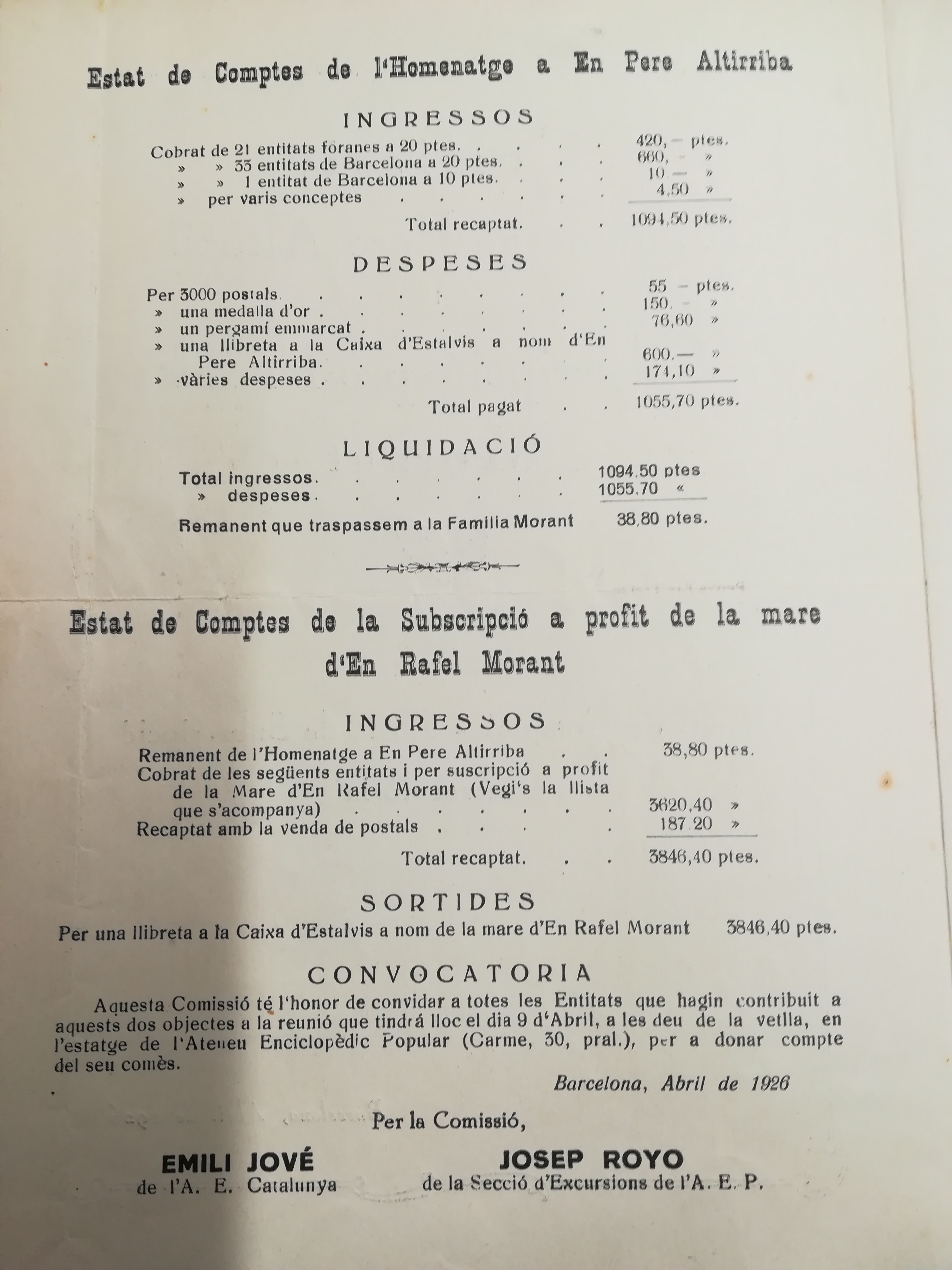 Comissió Homenatge Pere Altirriba i Subscripció pro-família Morant : Estat de comptes - Llista de subscripció - Convocatòria - Miniatura 4