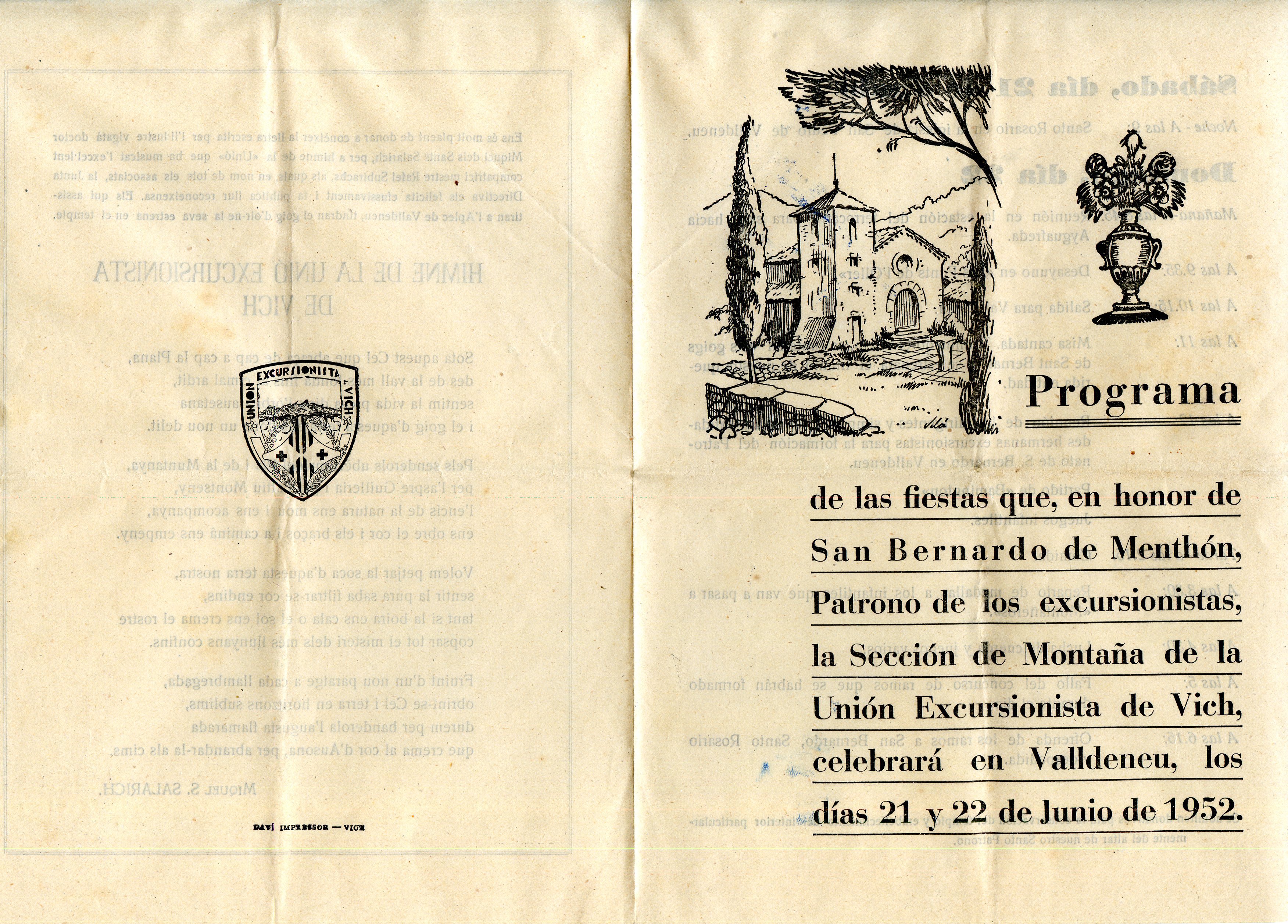 Programa de las fiestas que, en honor de San Bernardo de Menthón, Patrono de los excursionistas, la Sección de Montaña de la Unión Excursionista de Vich, celebrada en Valldeneu, los días 21 y 22 de Junio de 1952 - Portada