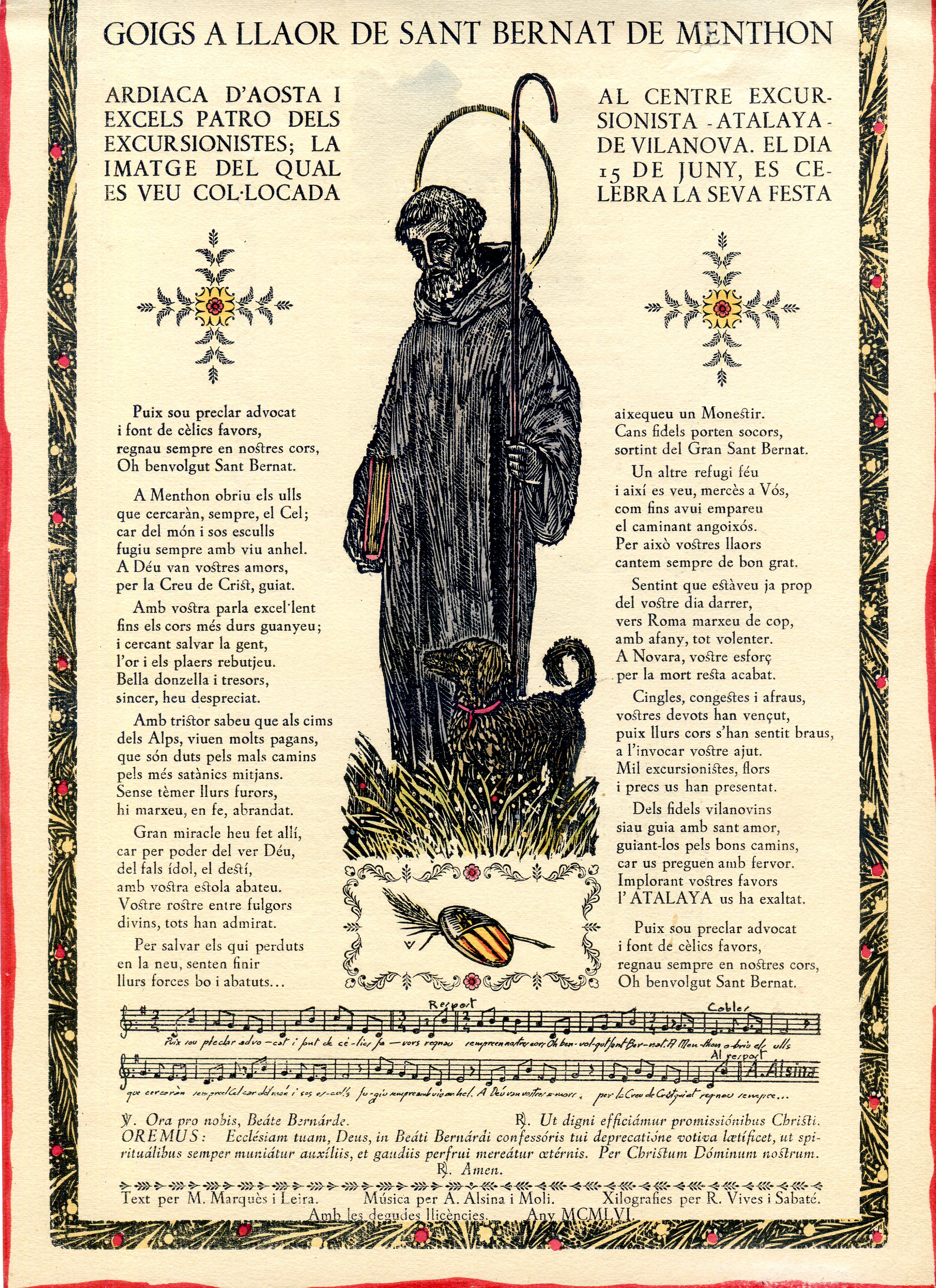 Goigs a llaor de Sant Bernat de Menthon : Ardiaca d'Aosta i excels patró dels excursionistes;  la imatge del qual es veu col·locada al centre excursionista -Atalaya- de Vilanova. El dia 15 de juny, es celebra la seva festa - Miniatura 3