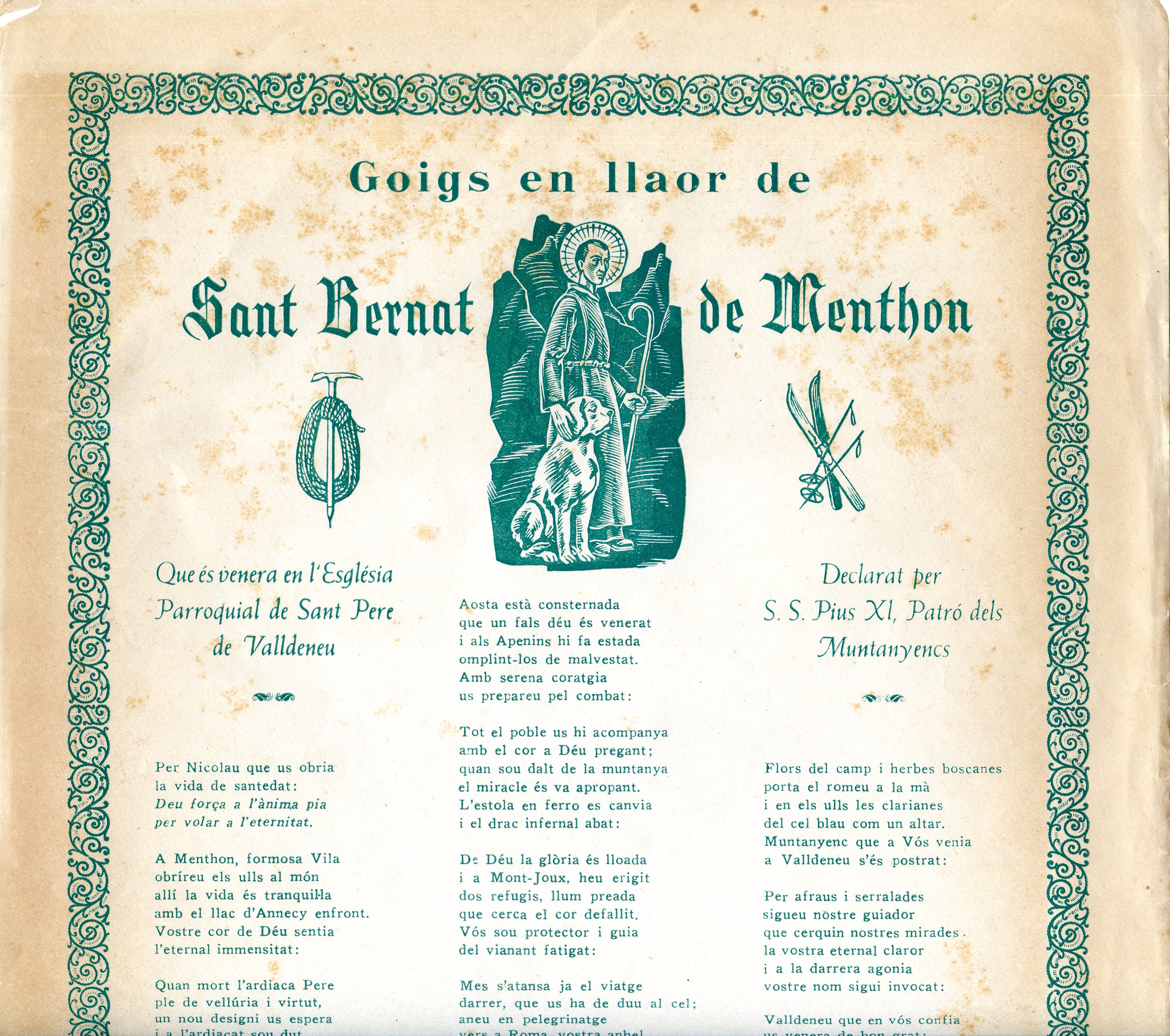 Goigs en llaor de Sant Bernat de Menthon : Que es venera en l'Església Parroquial de Sant Pere de Valldeneu : Declarat per S. S. Pius XI, Patró dels Muntanyencs - Miniatura 2