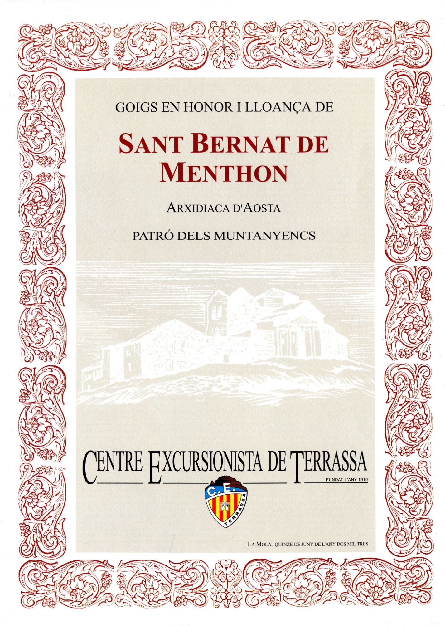 Goigs en honor i lloança de Sant Bernat de Menthon arxidiaca d'Aosta patró dels muntanyencs - Portada