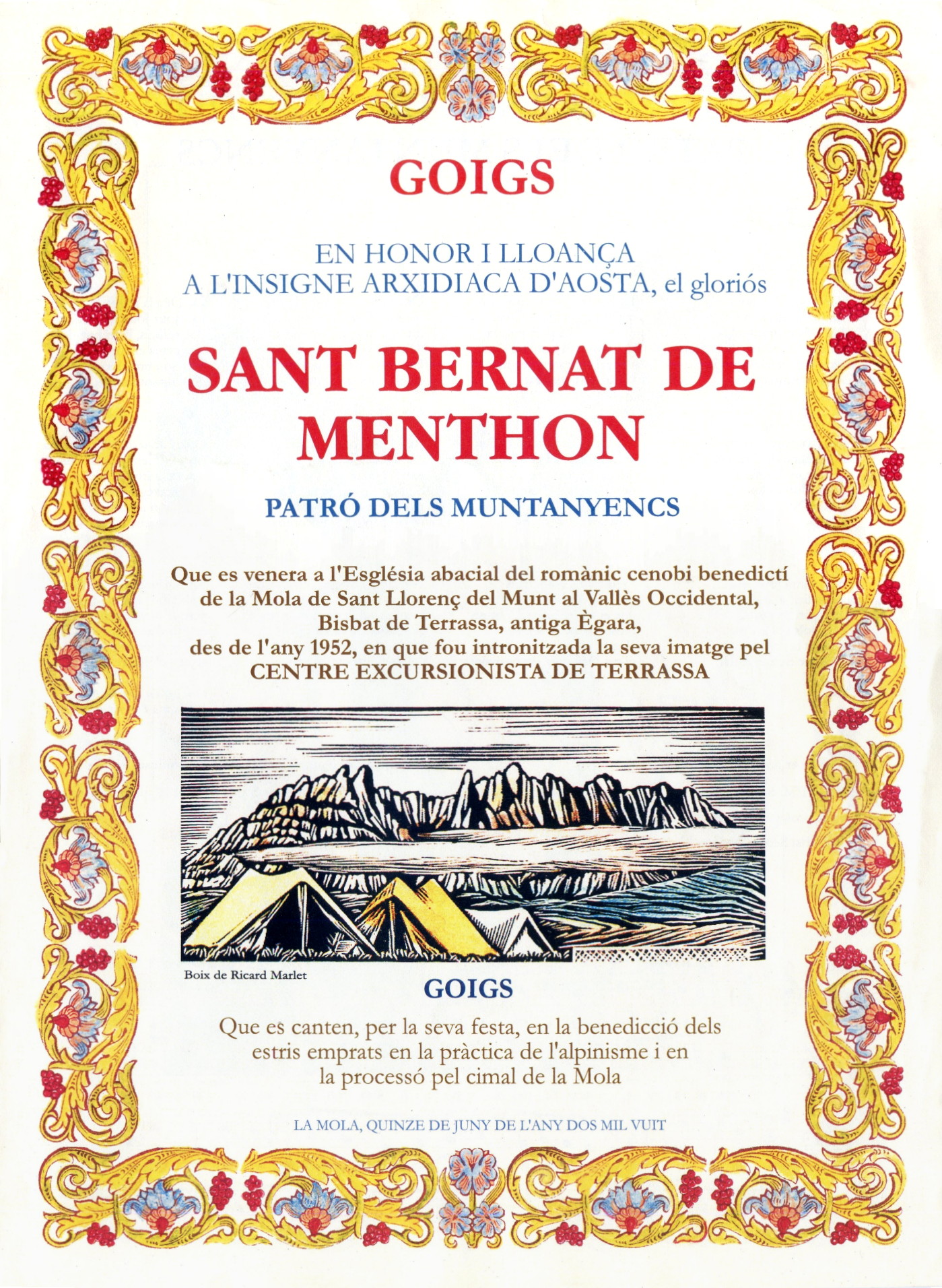 Goigs en honor i lloança a l'insigne arxidiaca d'aosta, el gloriós Sant Bernat de Menthon patró dels muntanyencs - Portada