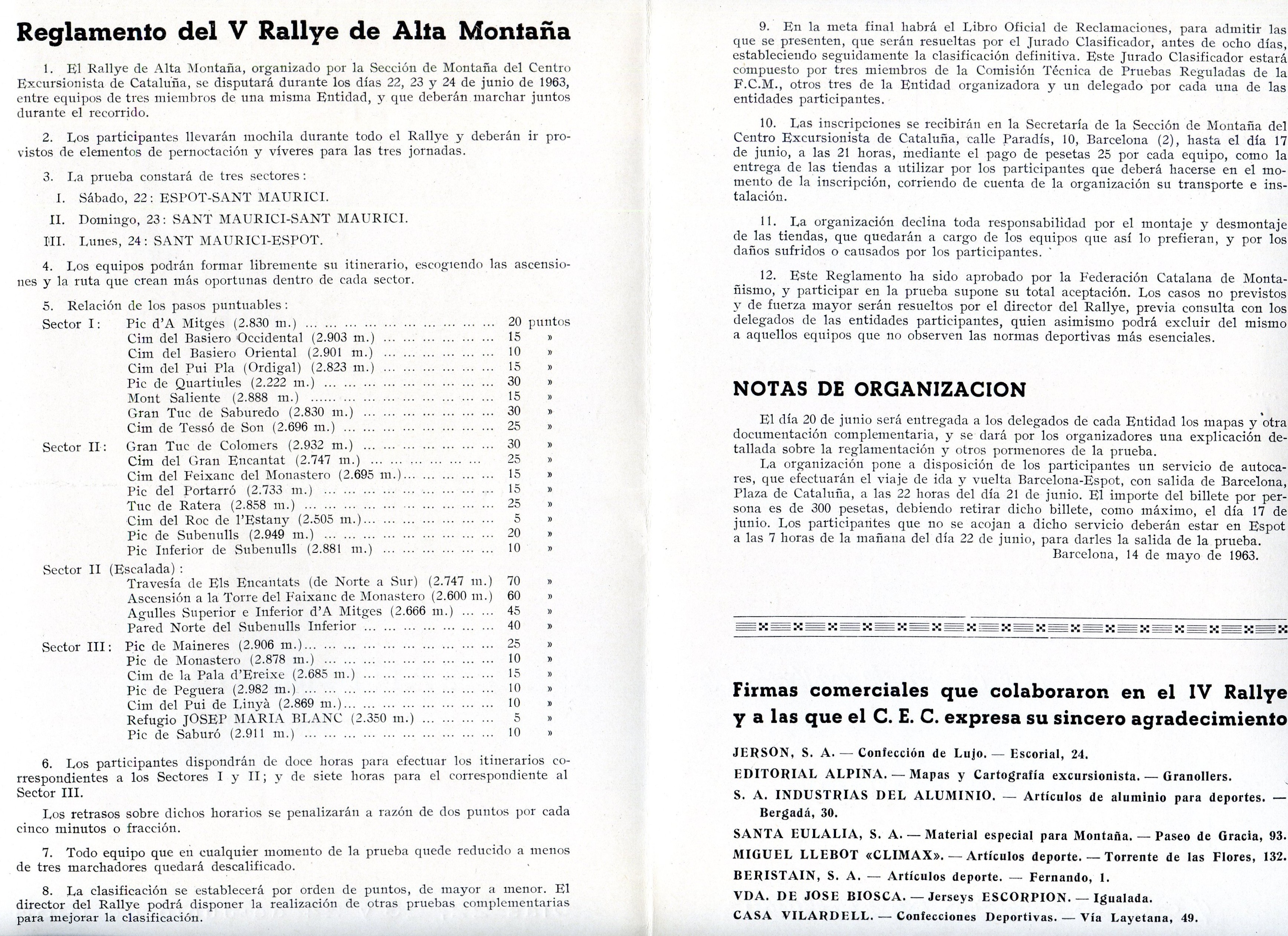 Reglamento del V Rallye de alta montaña : Sant Maurici Pallars Sobirà : Días 22, 23 y 24 de junio de 1963 - Miniatura 2