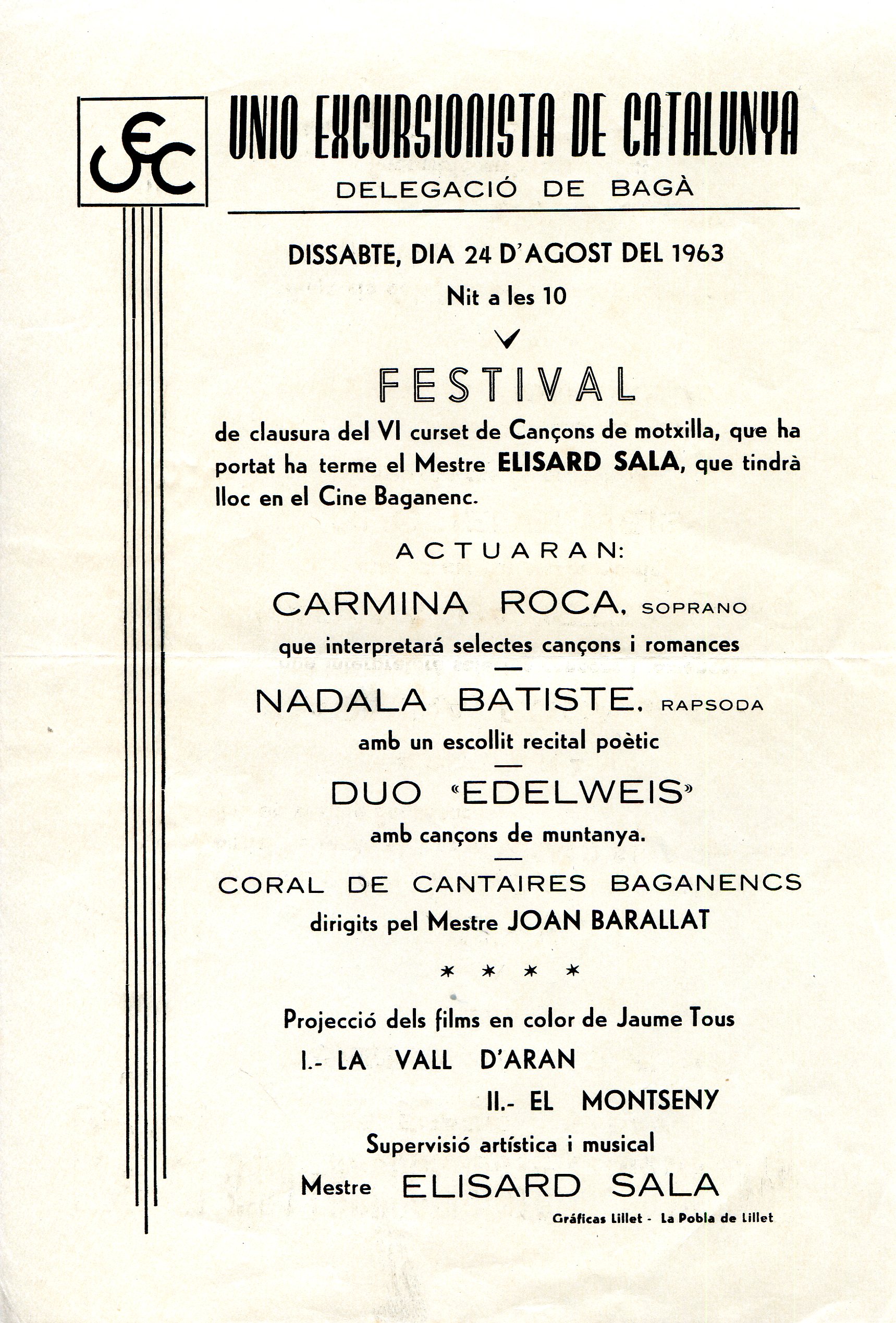 Festival de clausura del VI curset de Cançons de motxilla, que ha portat ha terme el Mestre Elisard Sala, que tindrà lloc en el Cine Baganenc - Portada