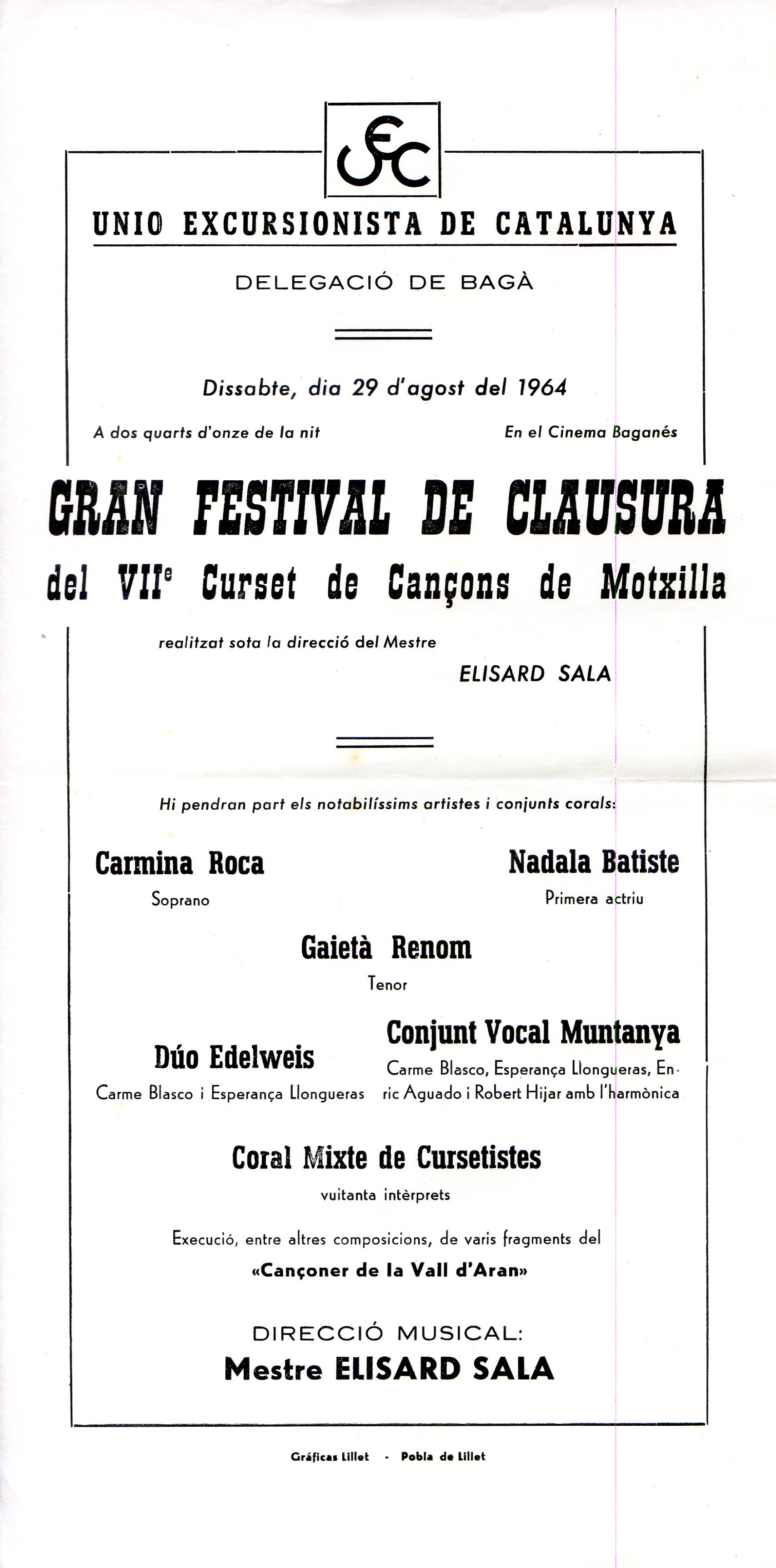 Gran Festival de Clausura de VIIè Curset de Cançons de Motxilla realitzat sot la direcció del Mestre Elisard Sala - Portada