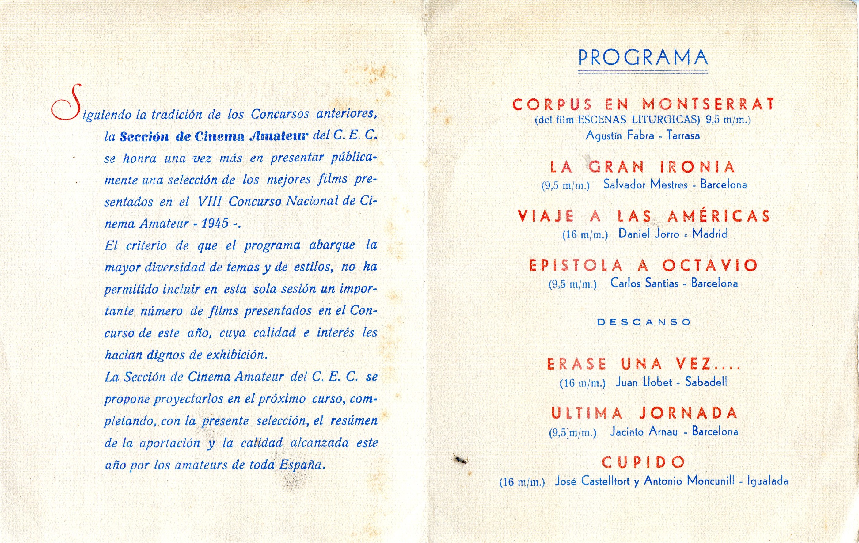 Sesión única de films seleccionados del VIII Concurso Nacional de Cinema Amateur : Cine Savoy : Día 15 de junio de 1945 a las 10,15 de la noche - Miniatura 2