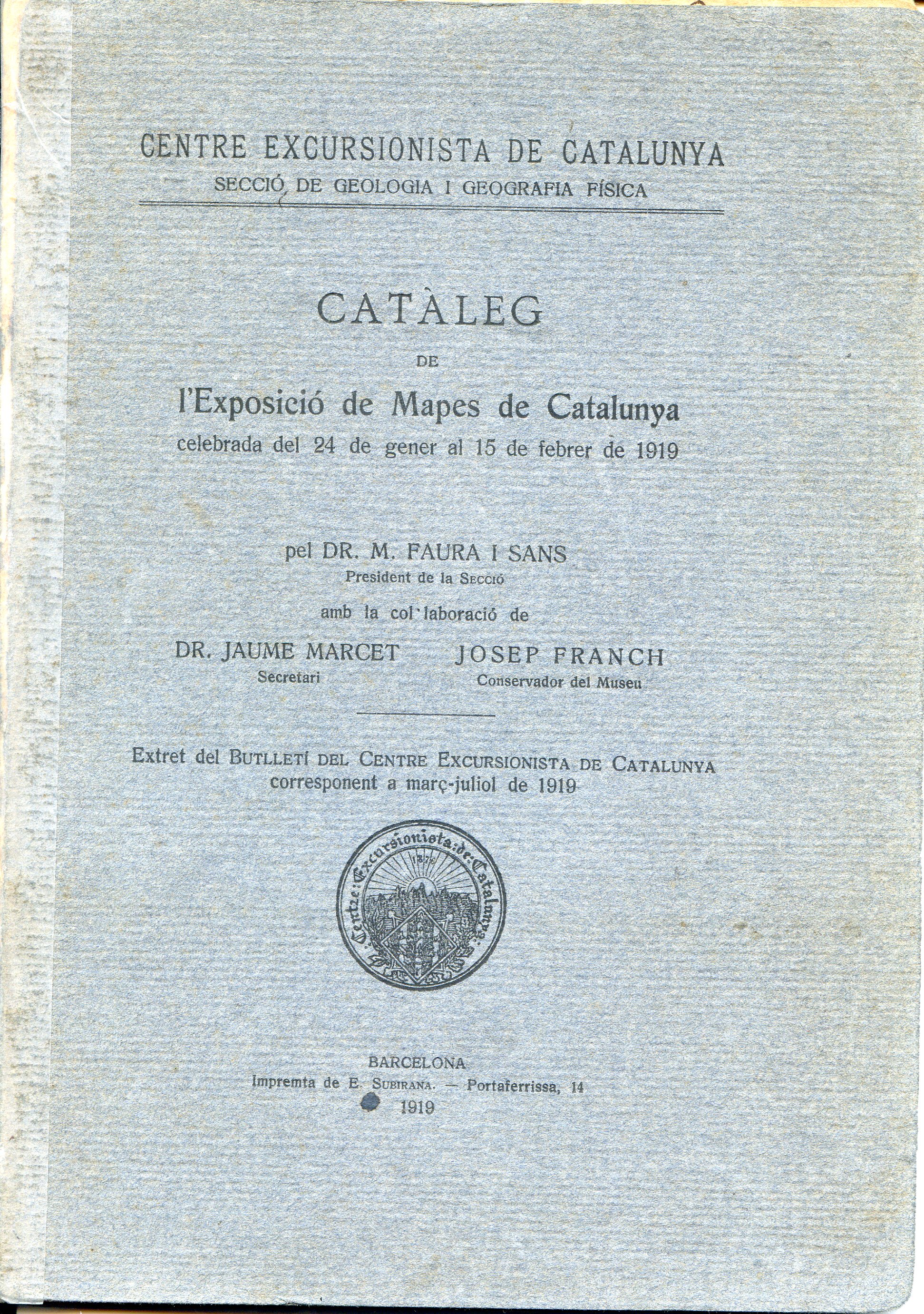 Catàleg de l'Exposició de Mapes de Catalunya celebrada del 24 de gener al 15 de febrer de 1919 - Portada
