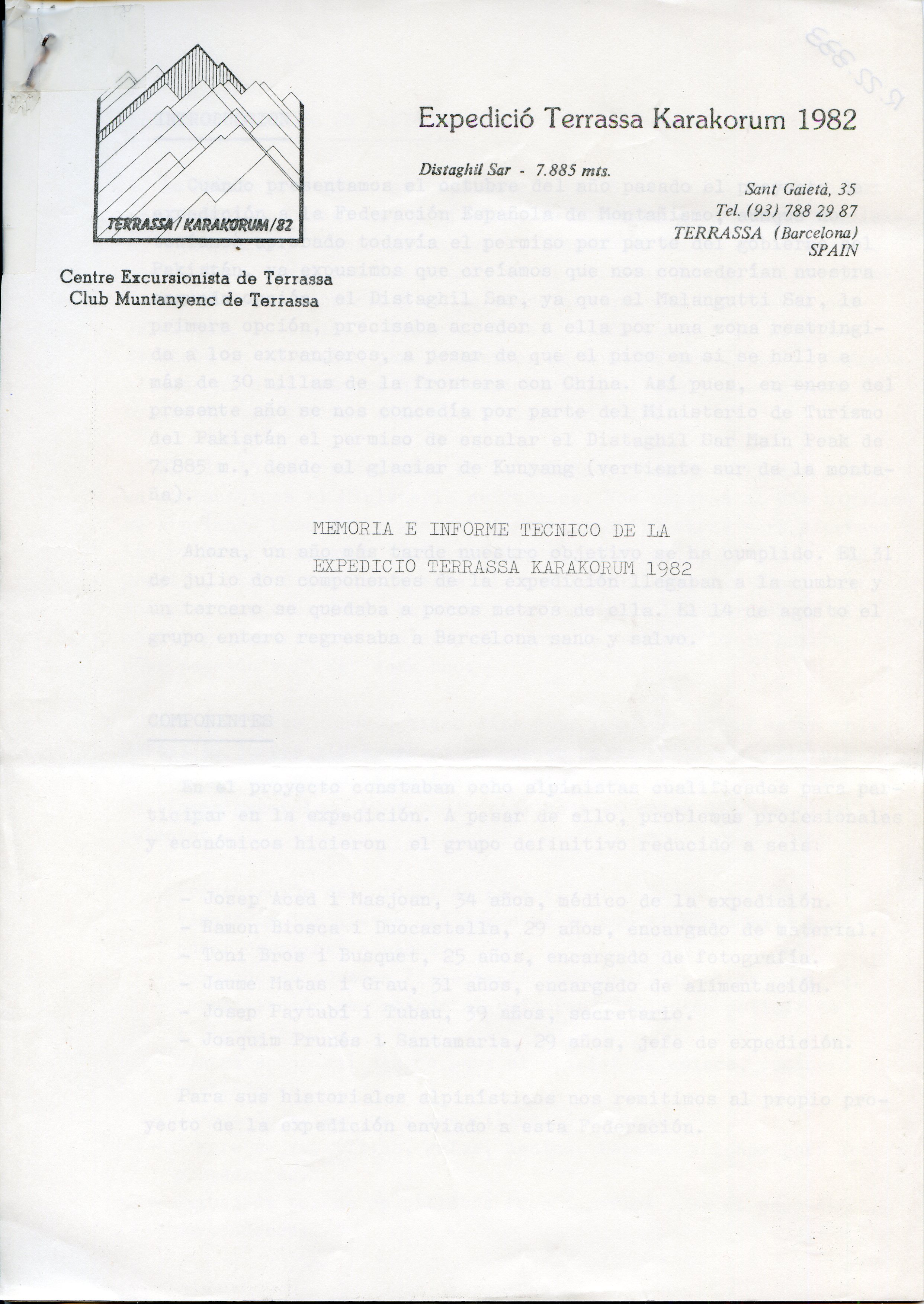 Expedició Terrassa Karakorum 1982 : Distaghil Sar - 7.885 mts : Memoria e informe técnico de la Expedició Terrassa FarKORUM 1982 - Portada