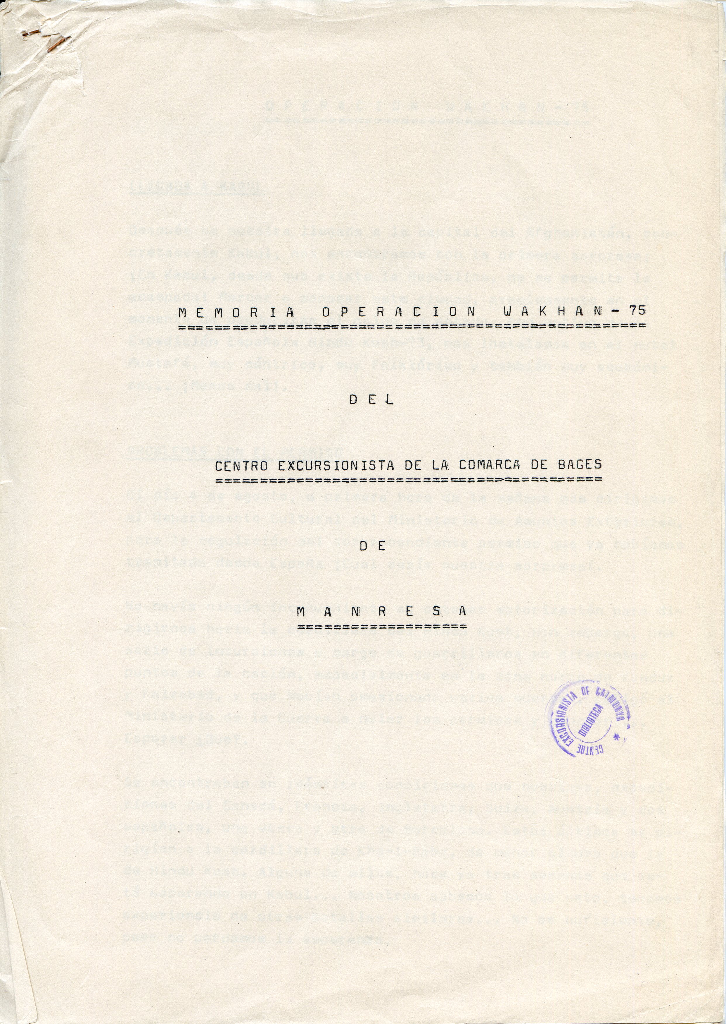 Memoria operación Wakhan - 75 del Centro Excursionista de la Comarca de Bages de Manresa - Portada