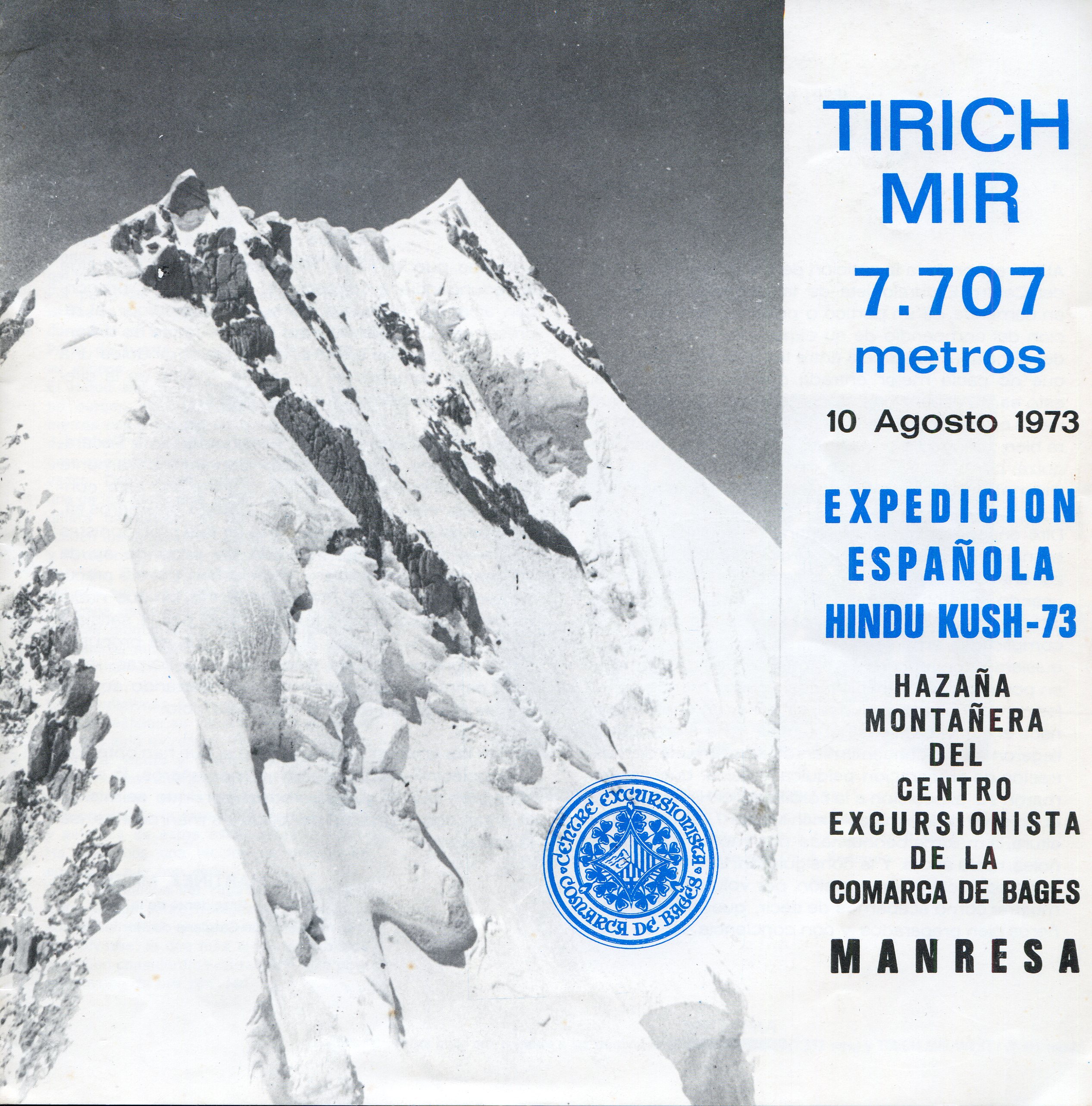 Tirich Mir 7.707 metros 10 Agosto 1973 Expedición Española Hindu Kush-73 Hazaña montañera del Centro Excursionista de la Comarca de Bages Manresa - Portada