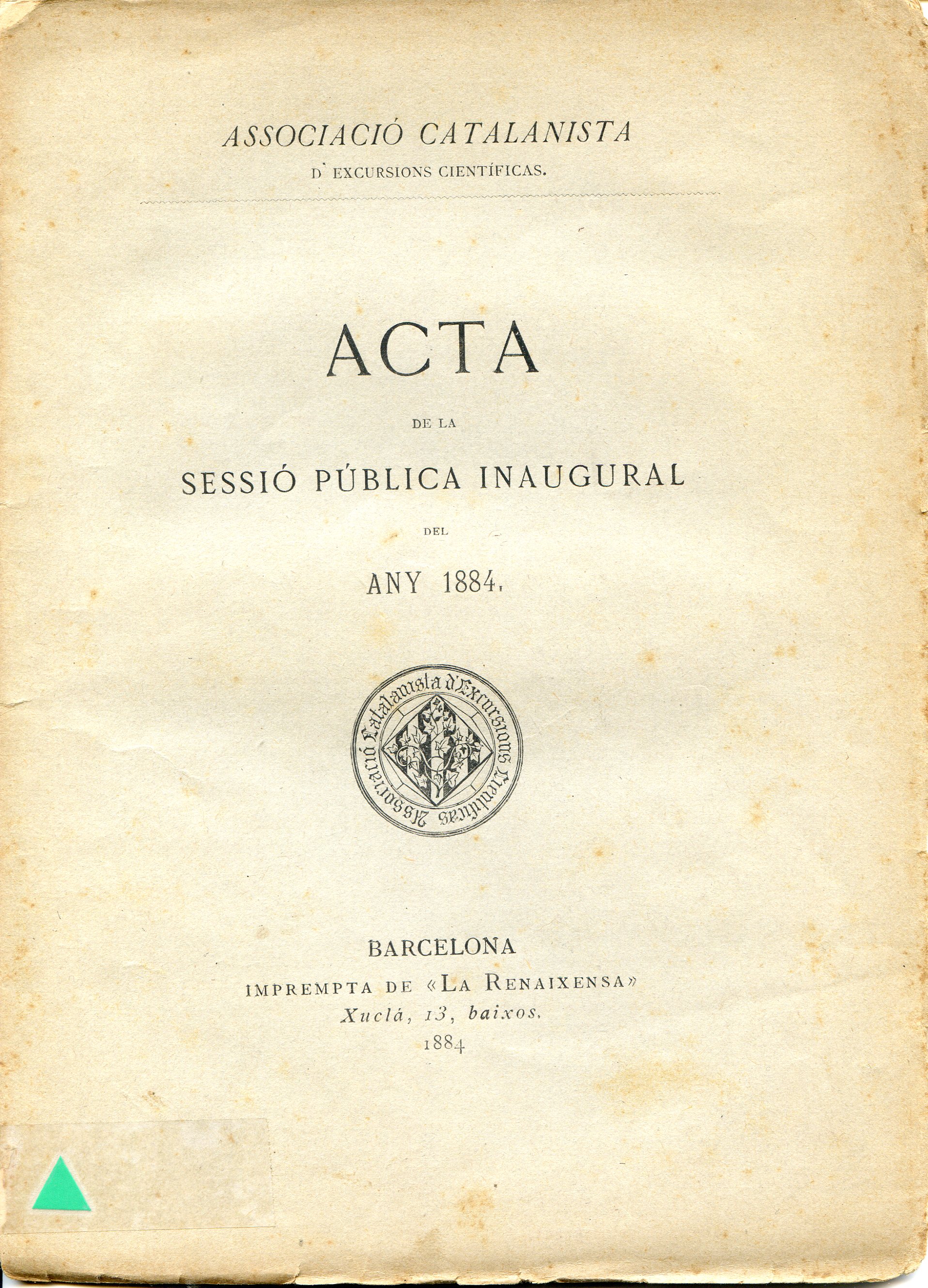 Acta de la sessió pública inaugural del any 1884 - Portada