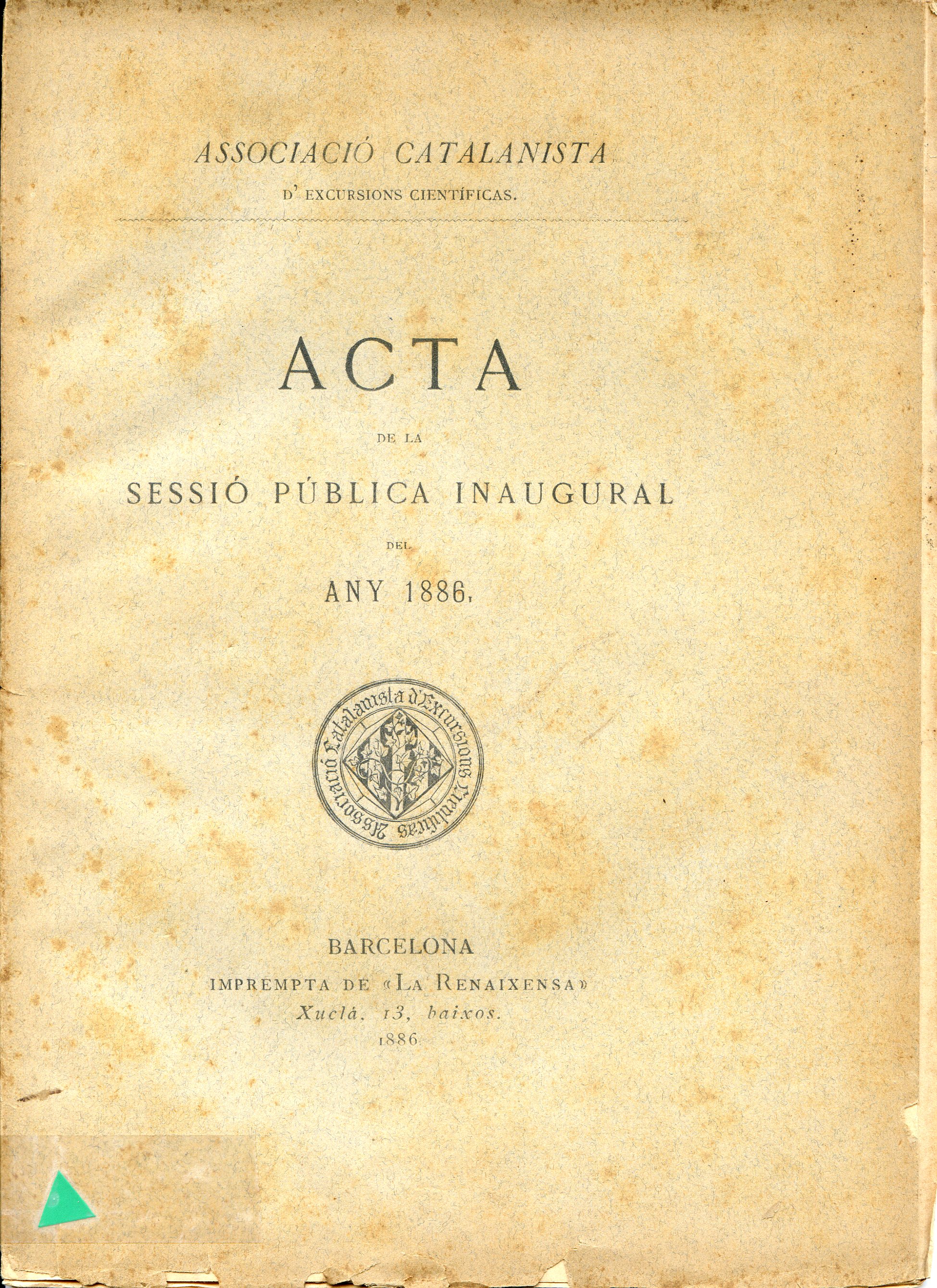 Acta de la sessió pública inaugural del any 1886 - Portada