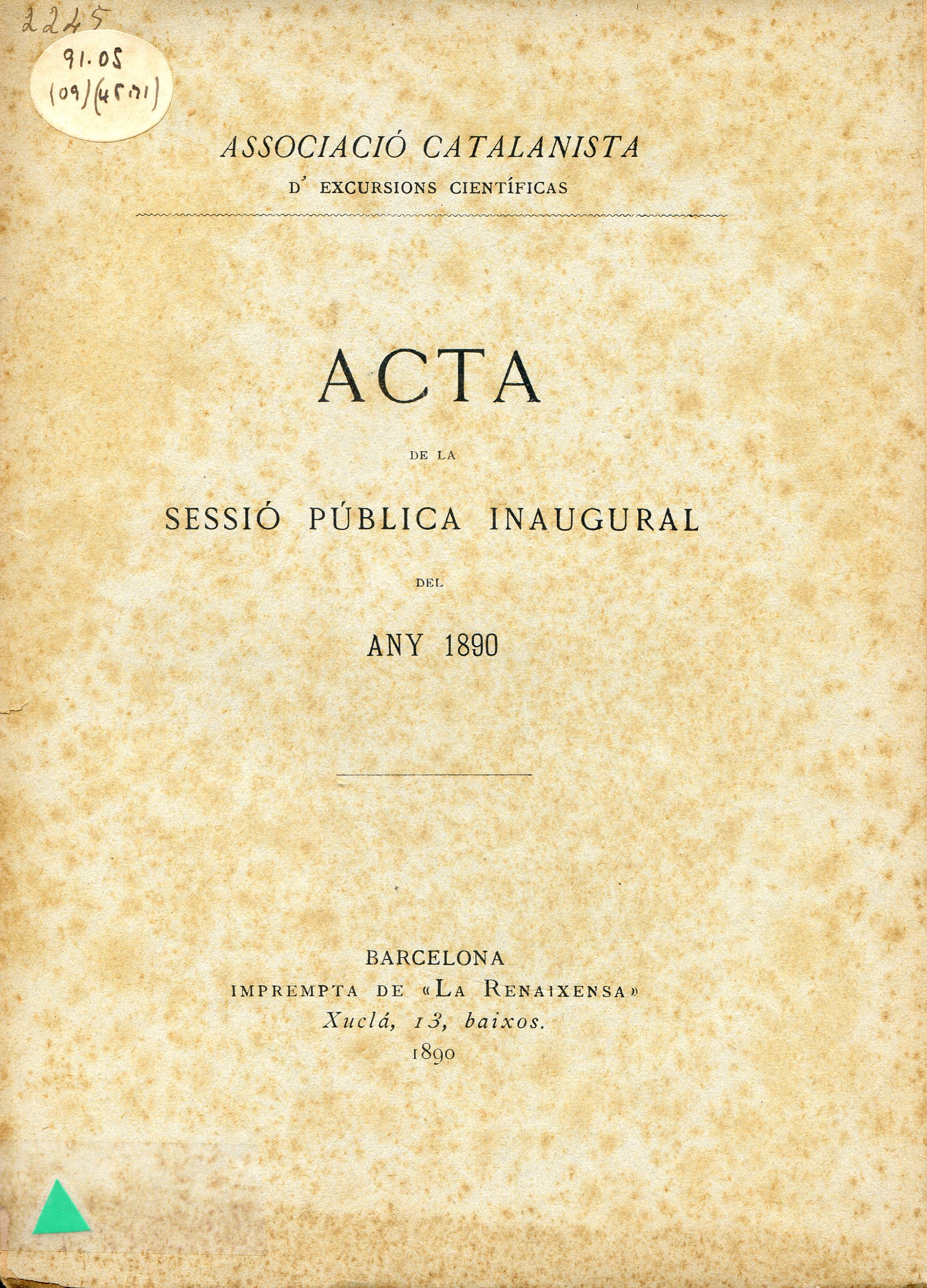 Acta de la sessió pública inaugural del any 1890 - Portada