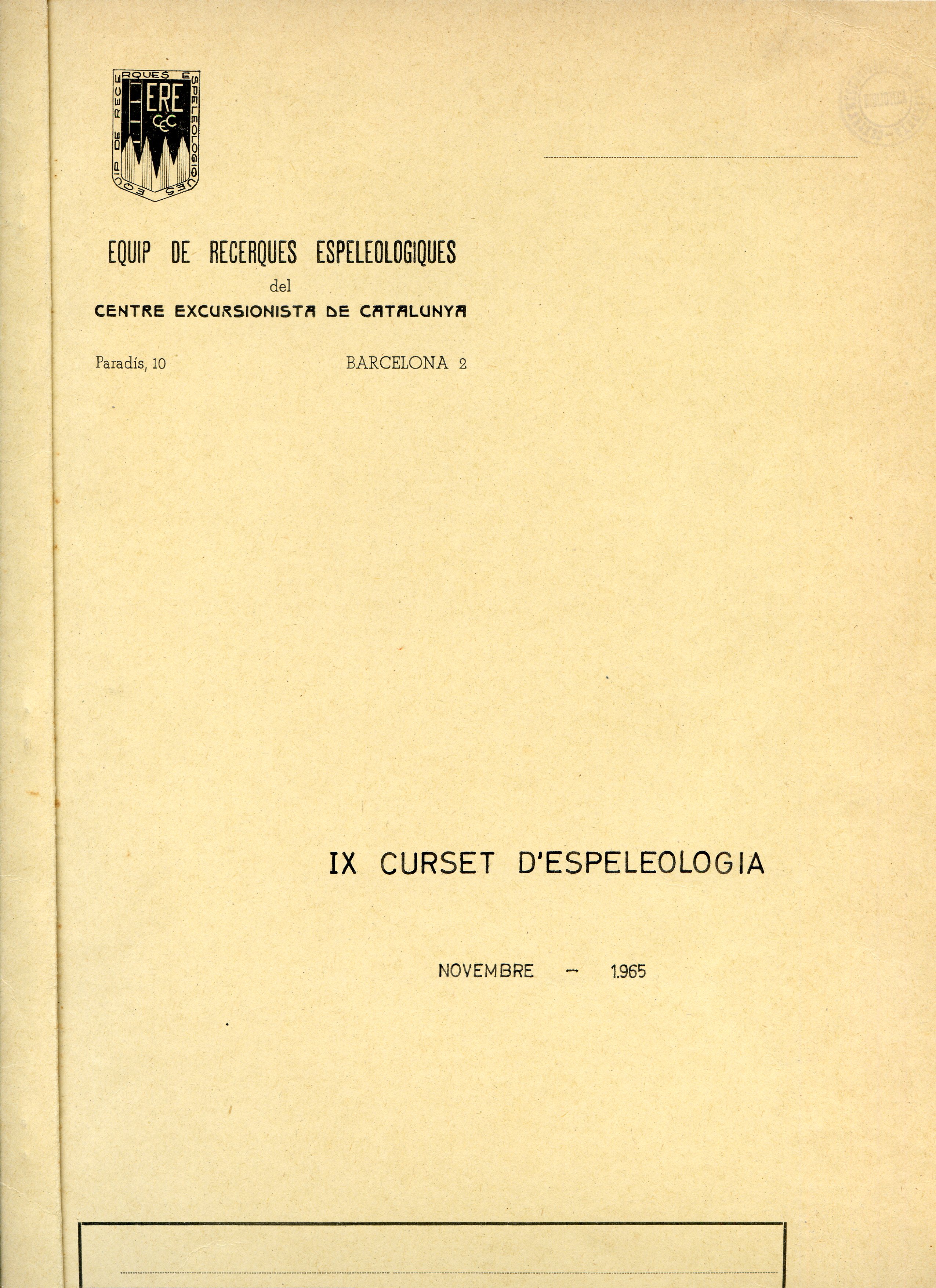 IX Curset d'Espeleologia : novembre 1965 - Portada