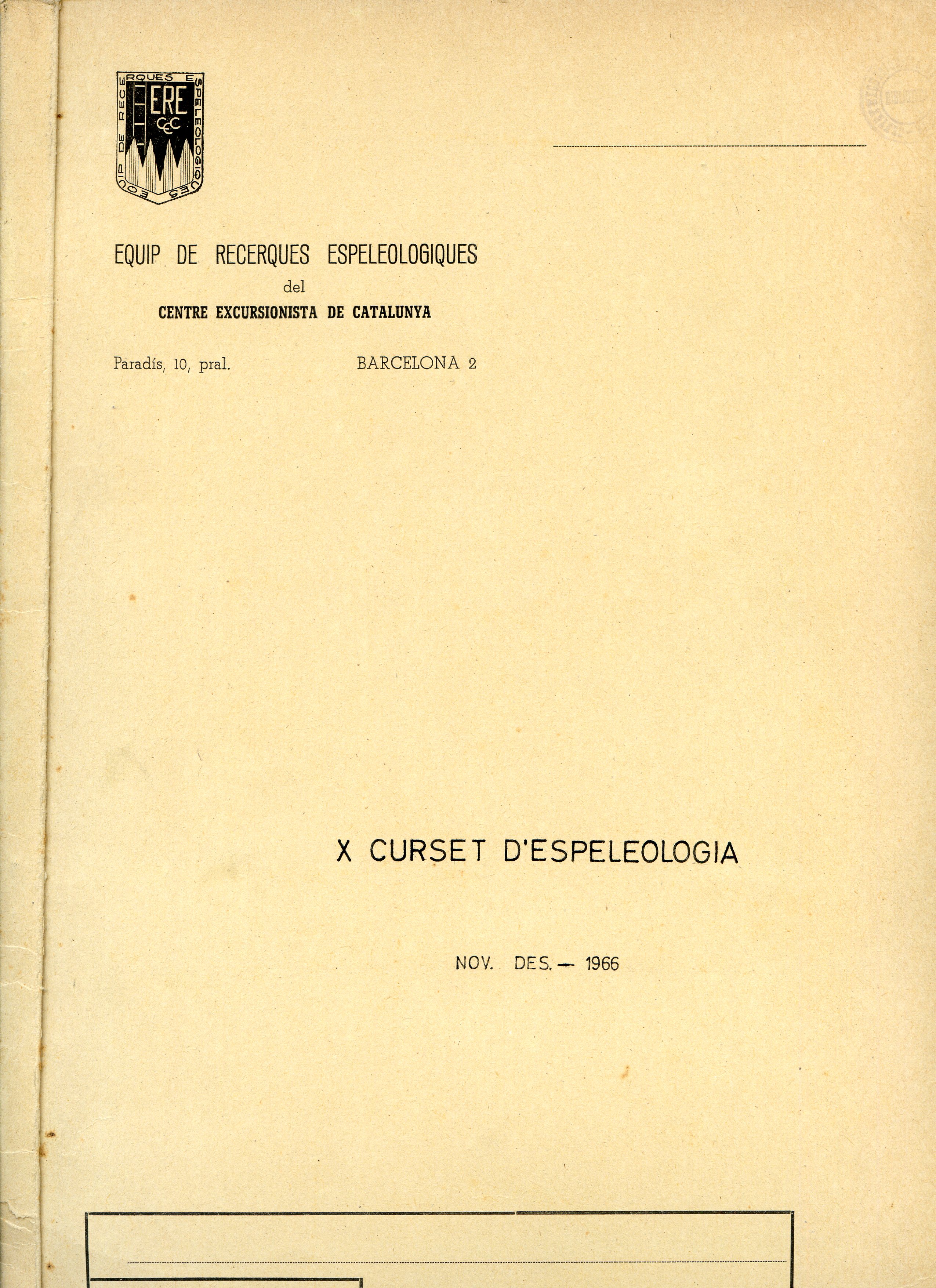 X Curset d'Espeleologia : nov. des. - 1966 - Portada