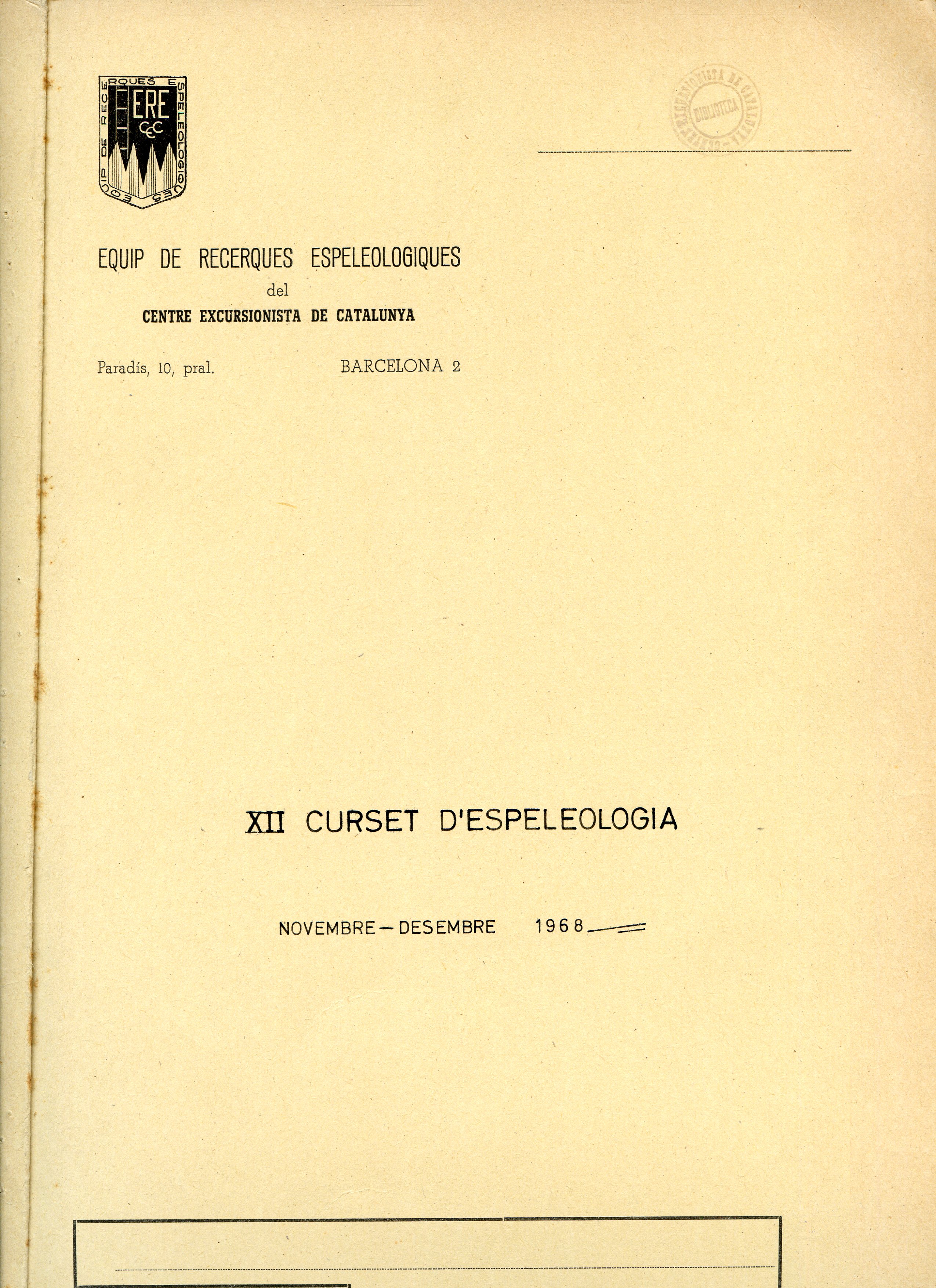XII Curset d'Espeleologia : novembre-desembre 1968 - Portada