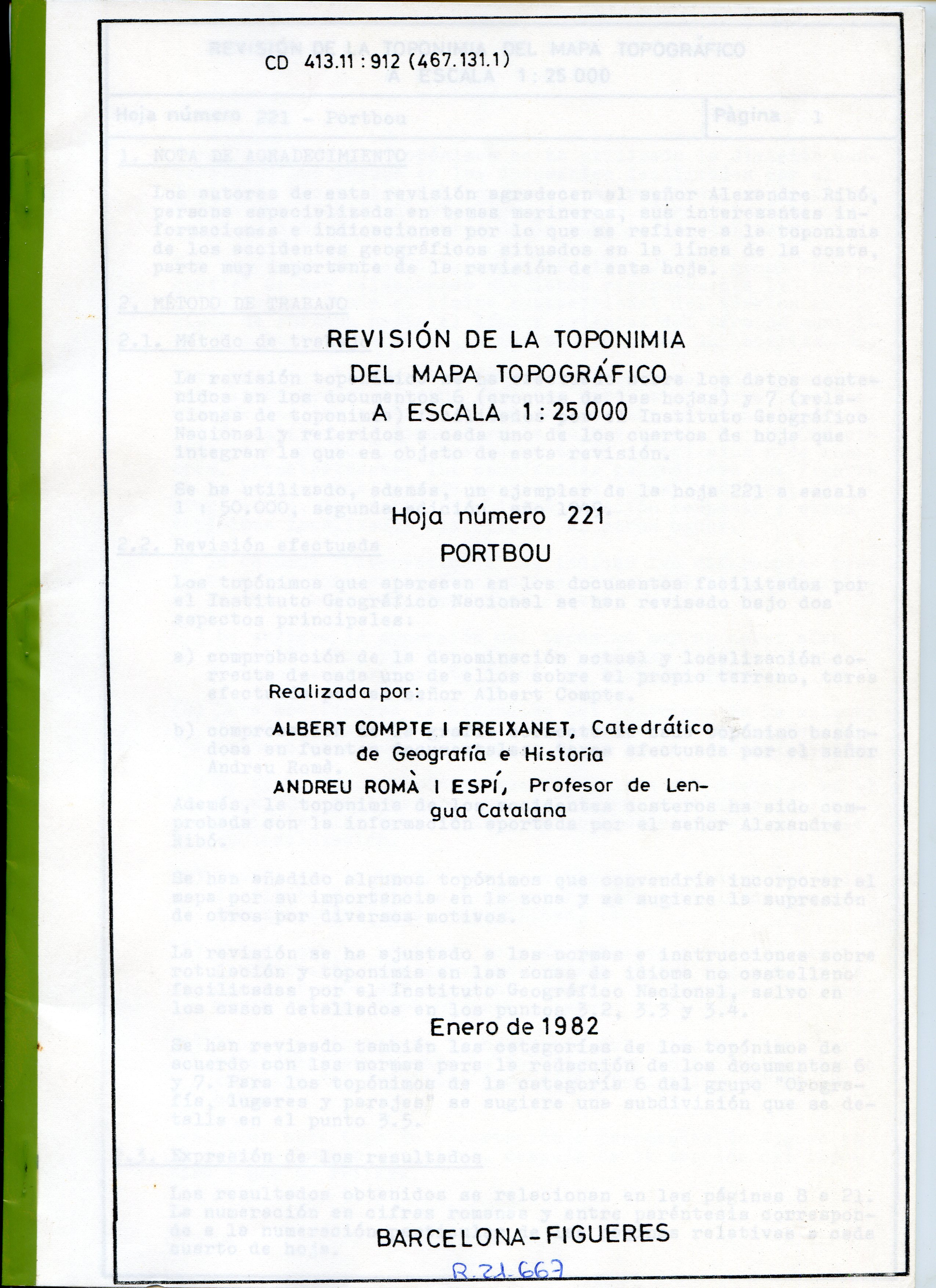 Revisión de la toponímia del mapa topográfico a escala 1:25.000 Hoja número 221 PORTBOU - Portada