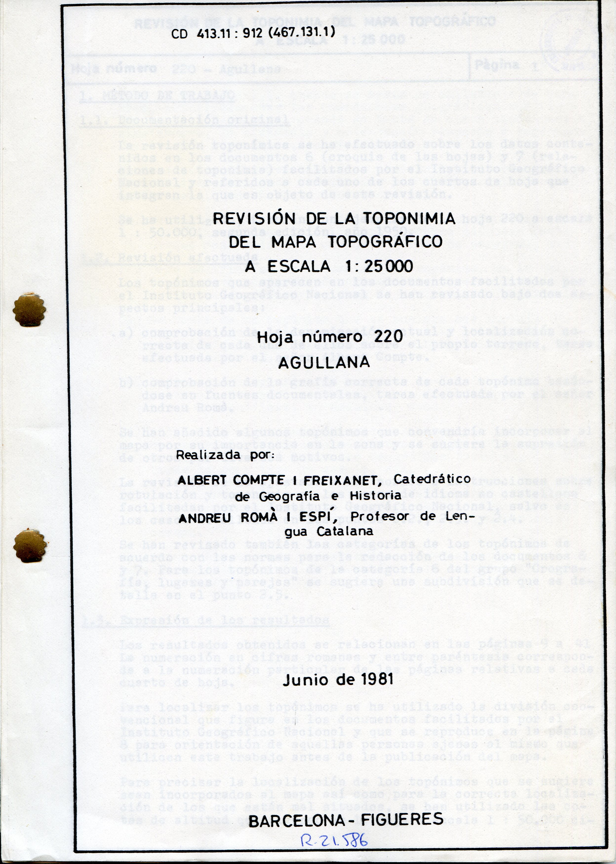 Revisión de la toponímia del mapa topográfico a escala 1:25.000 Hoja número 220 AGULLANA - Portada