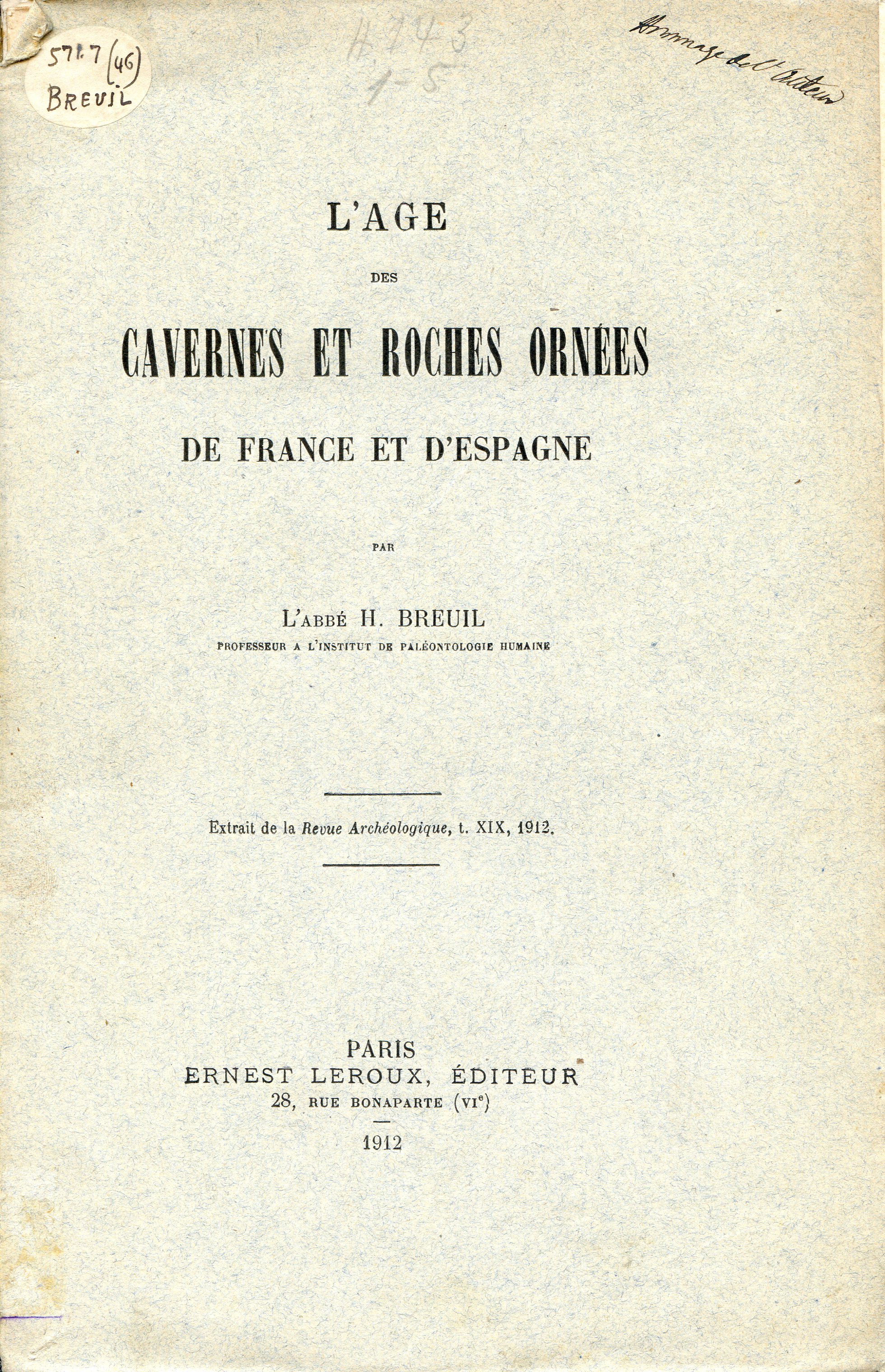 Age des Cavernes et roches ornees de france et d'Espagne, L' : Extrait de la Revue Archéologique, t. XIX, 1912 - Portada
