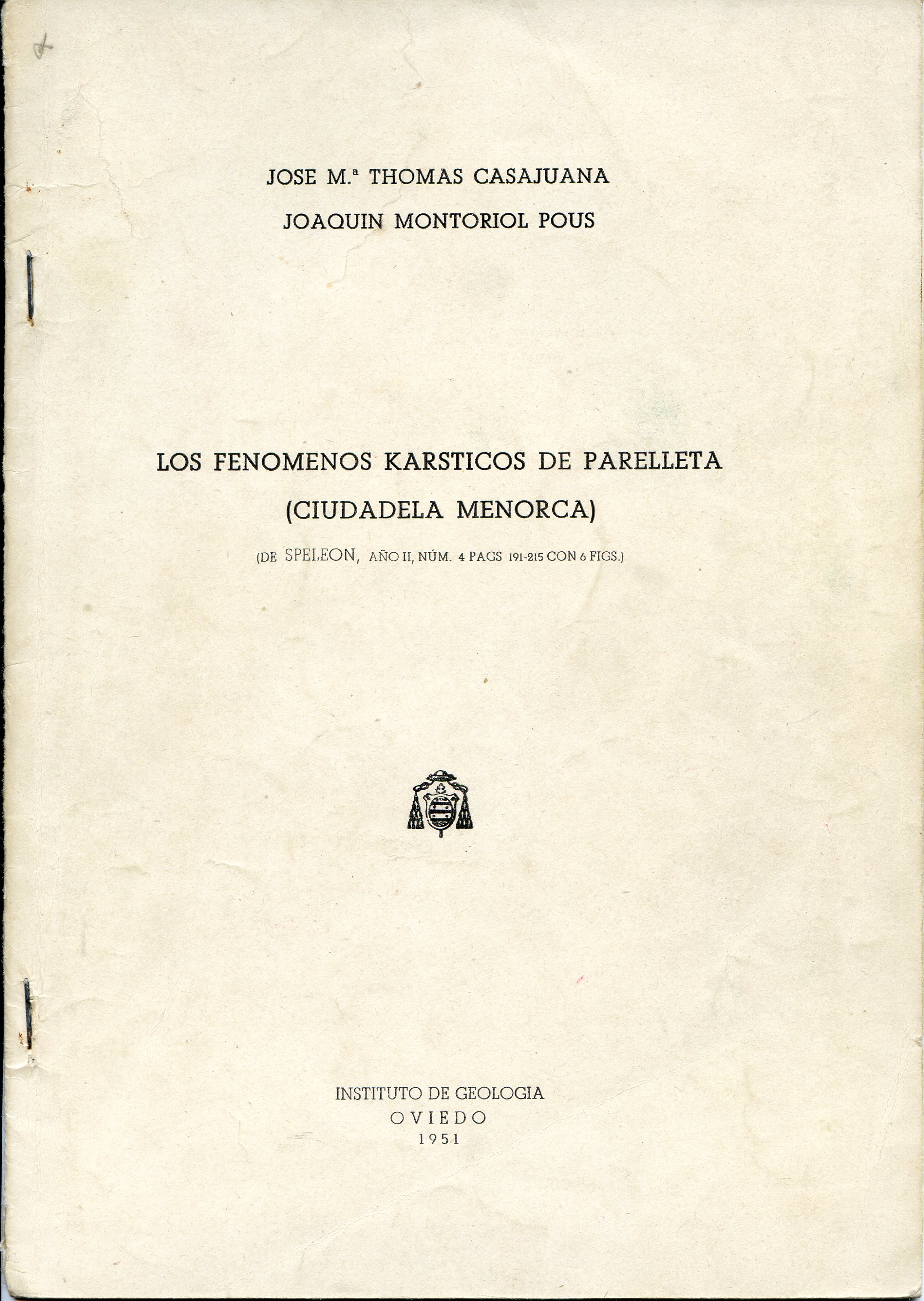Fenómenos krásticos de Parelleta (Ciudadela Menorca) : (De Speleón, año II, núm.. 4 pags 191-215 con 6 figs.) - Portada