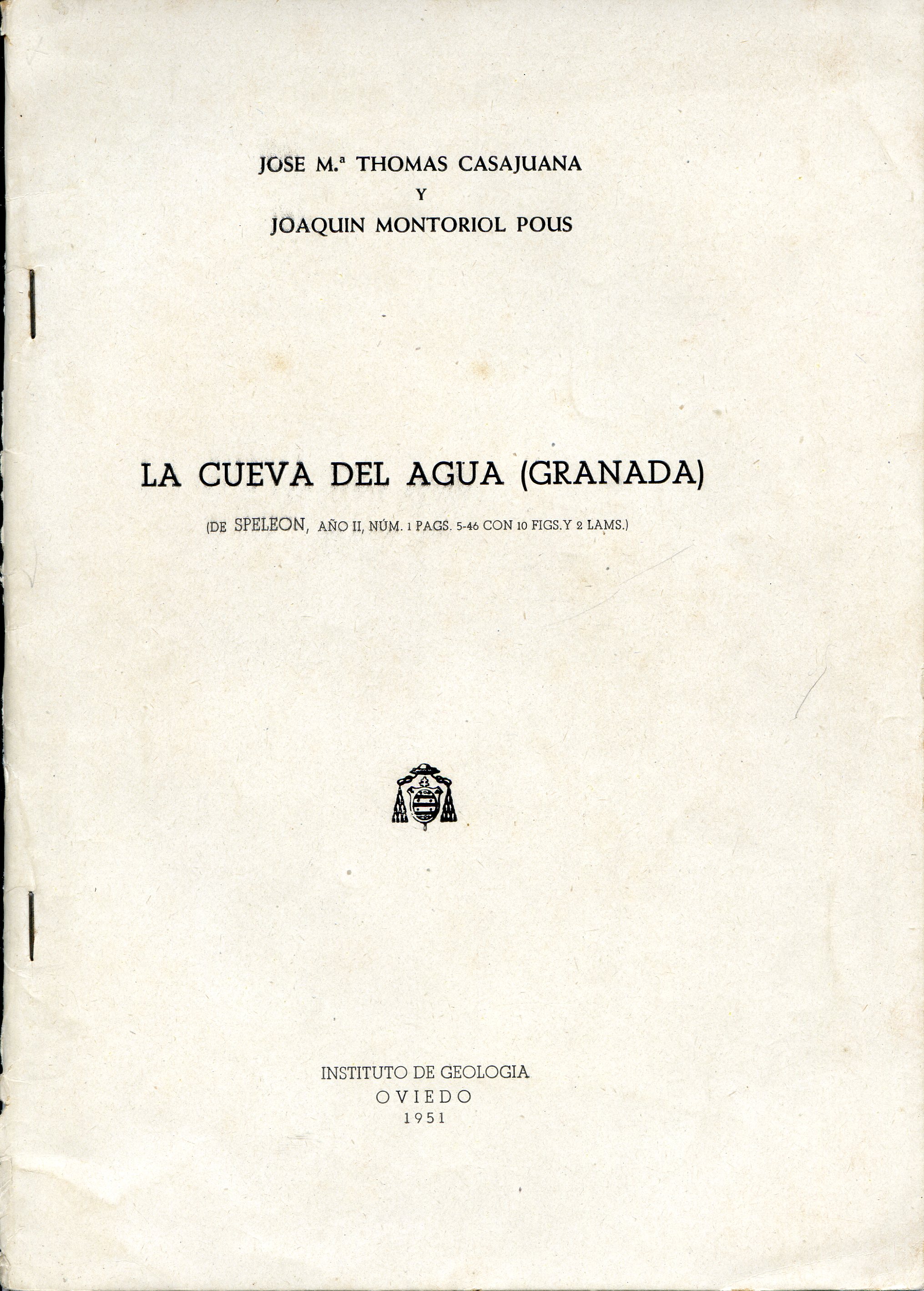 Cueva del agua (Granada), La : (De Speleón, año II, núm. 1 pags. 5-46 con 10 figs y 2 láms) - Portada