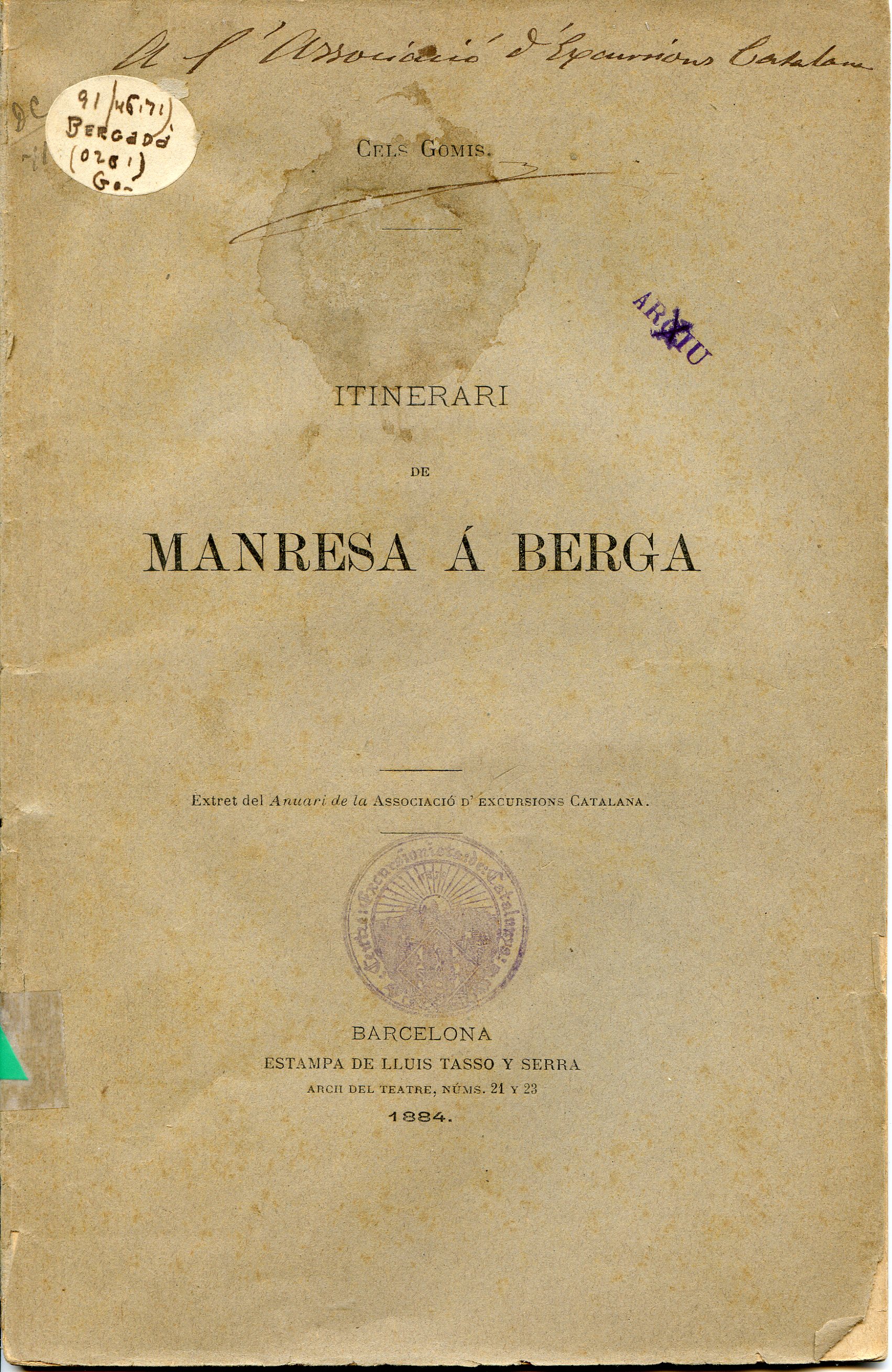 Itinerari de Manresa á Berga : Extret del Anuari de la Associació d'Excursions Catalana - Portada