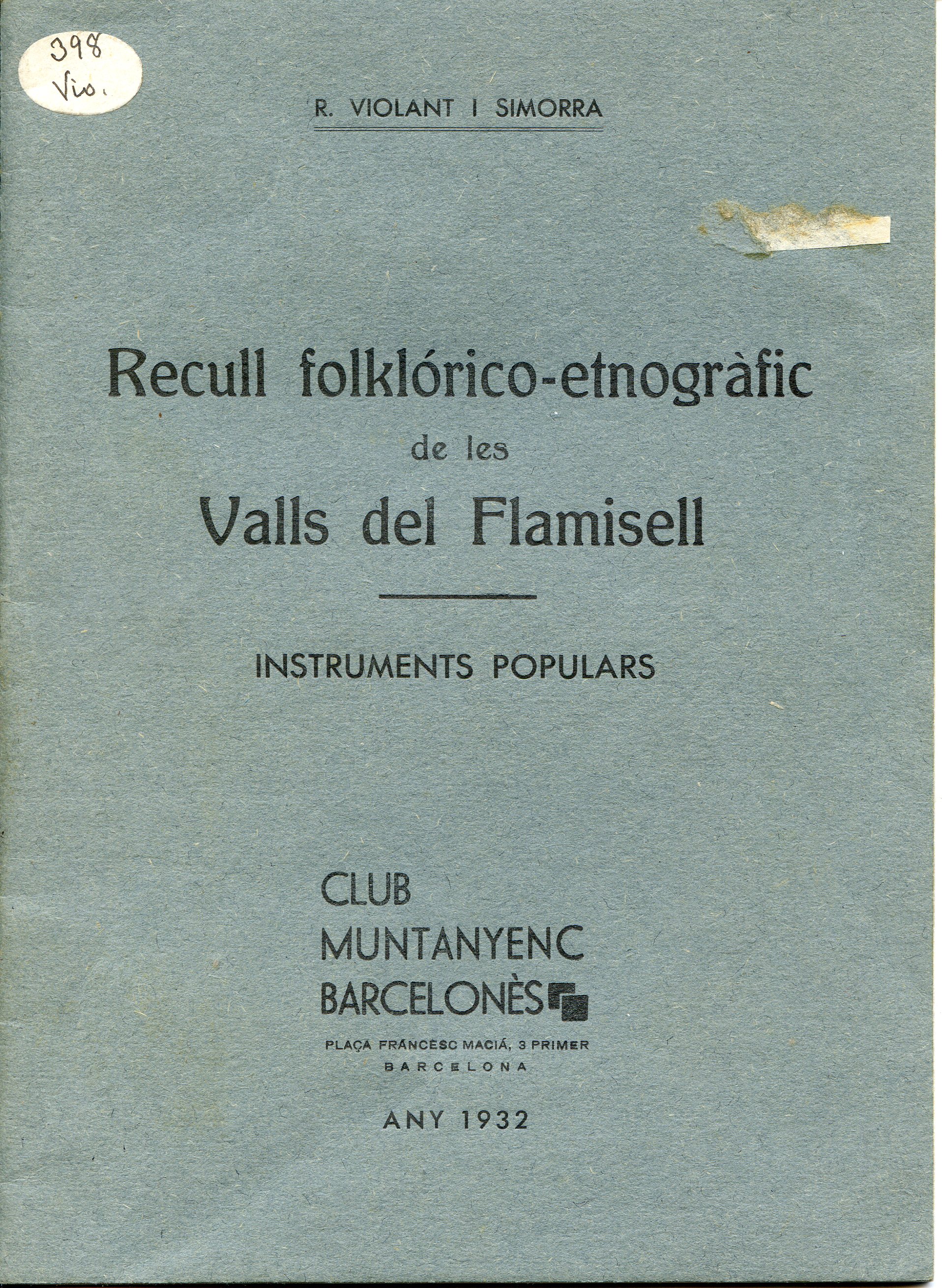 Recull folklórico-etnogràfic de les Valls del Flamisell : Instruments populars - Portada
