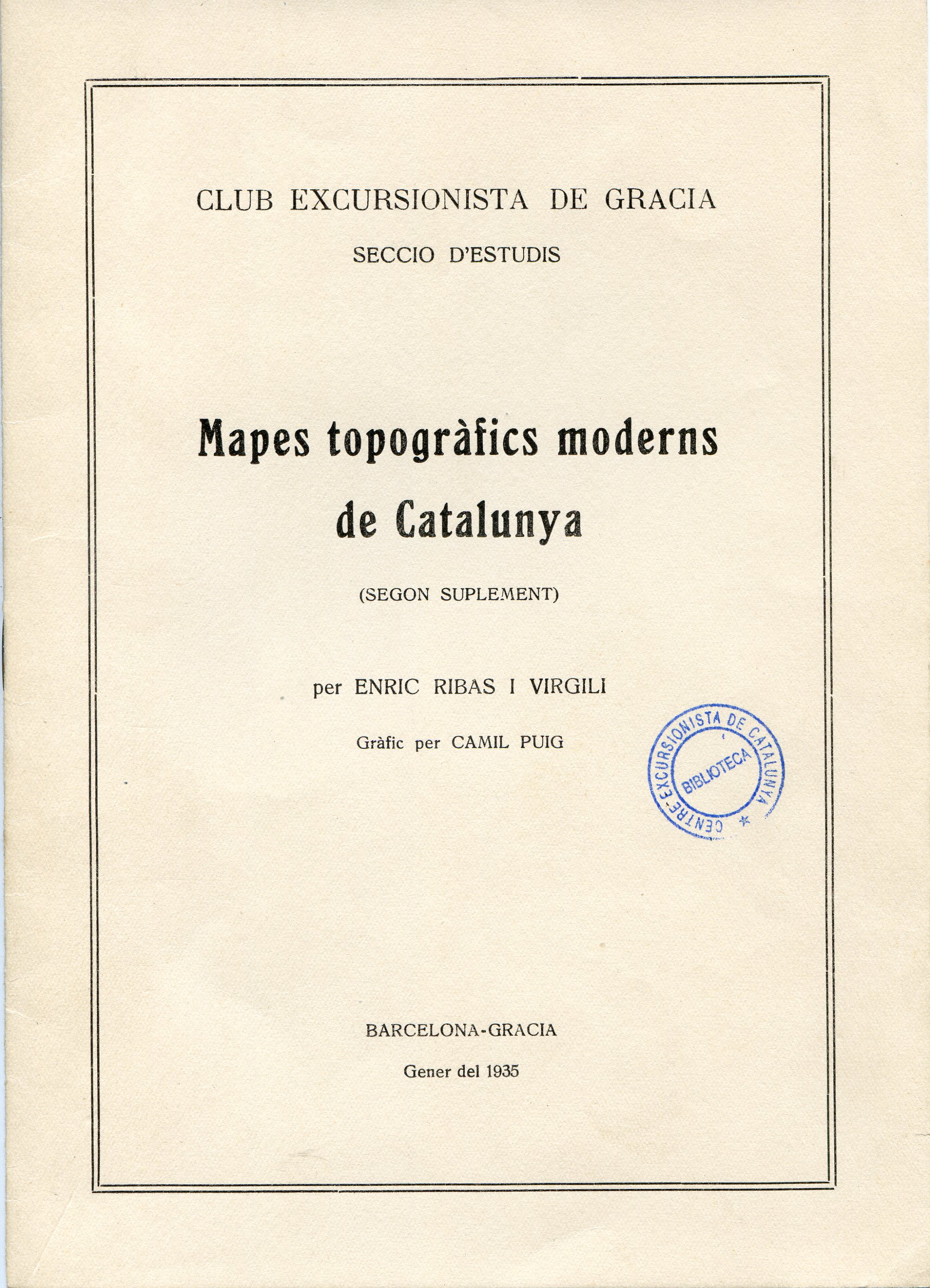 Mapes topogràfics moderns de Catalunya (segon suplement) - Portada