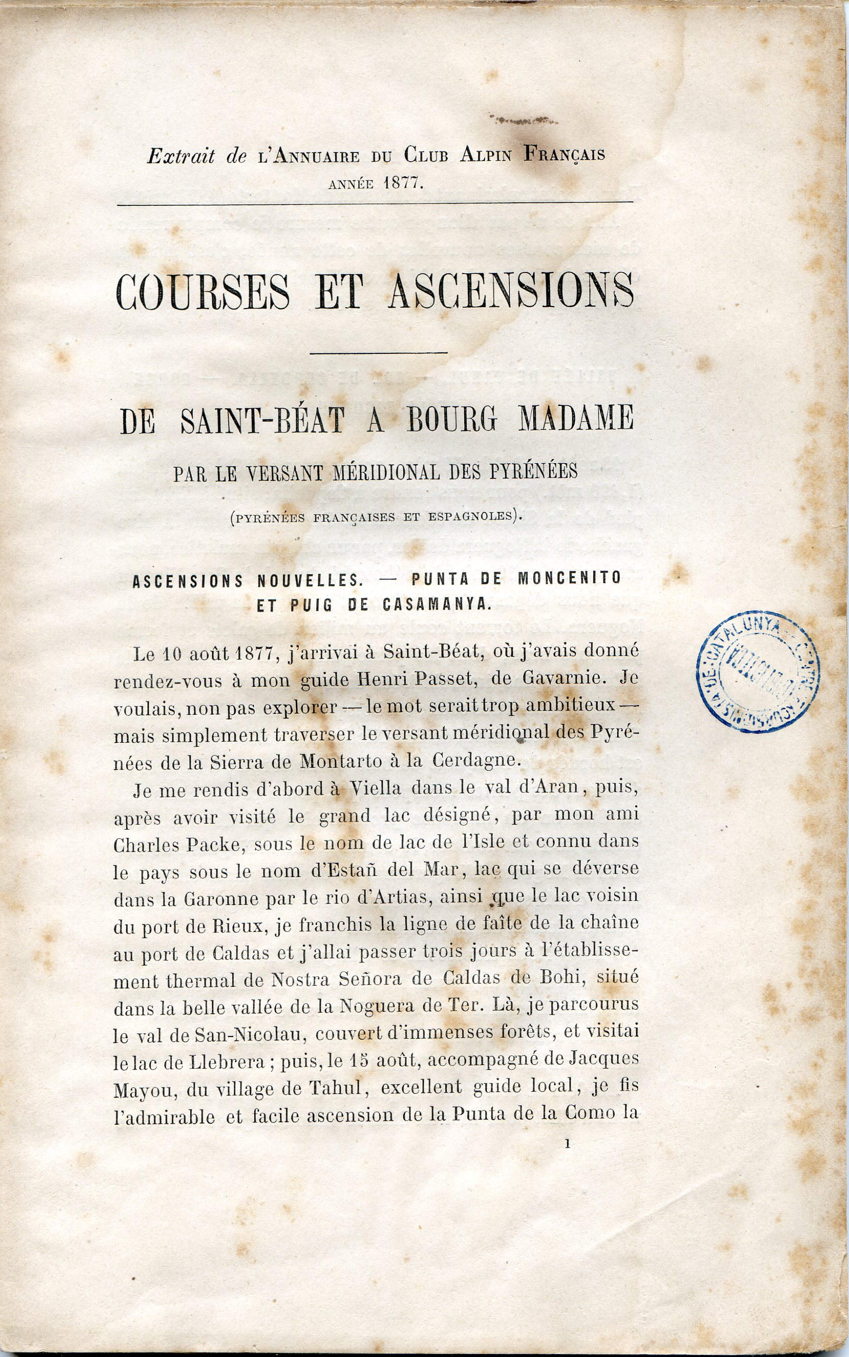 Courses et ascensions : De Sanint-Béat a Bourg Madame per le versant méridional des Pyrénées (Pyrénées françaises et espagnoles). - Portada