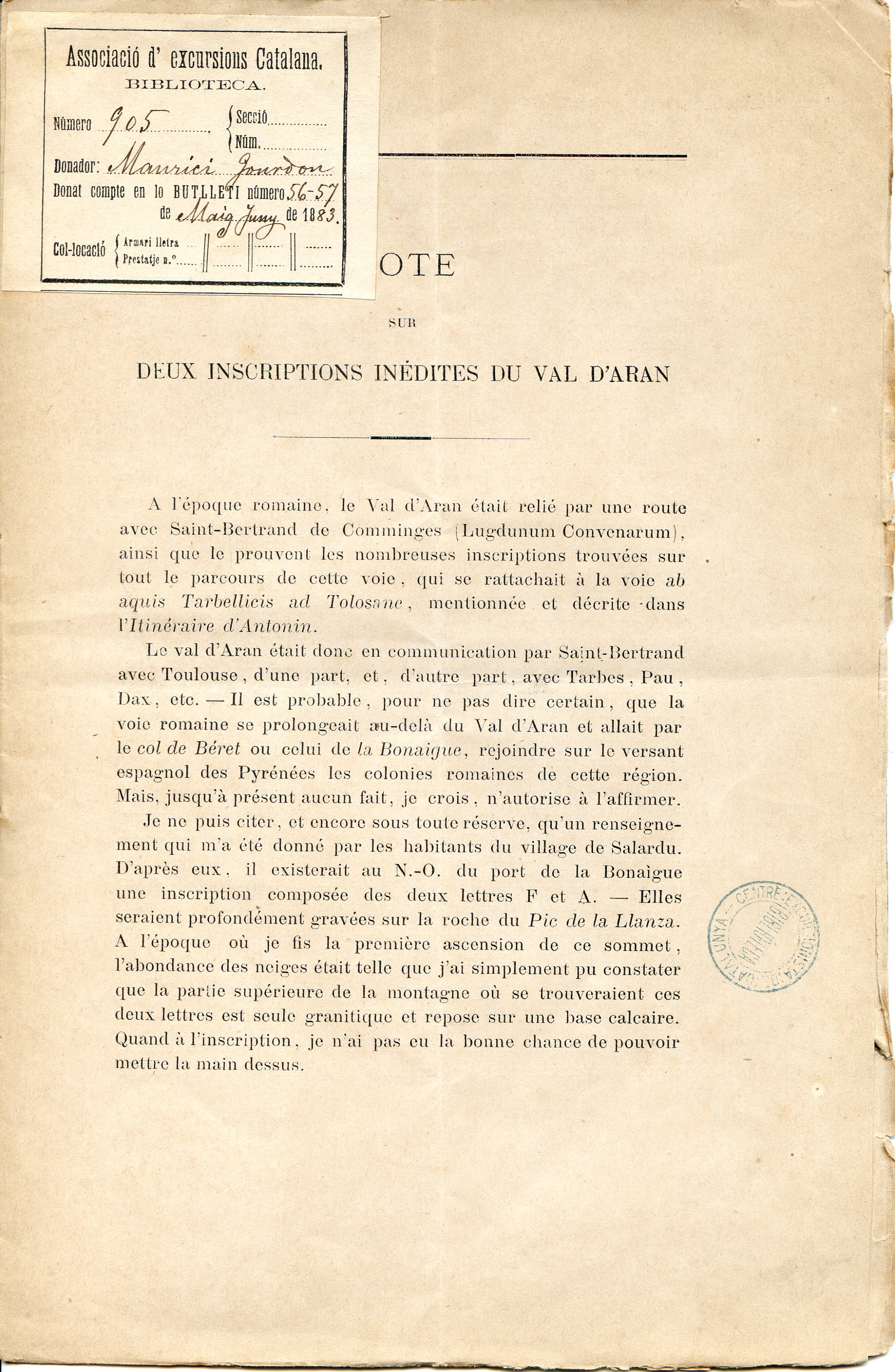 Note sur deux inscriptions du Val d'Aran - Portada