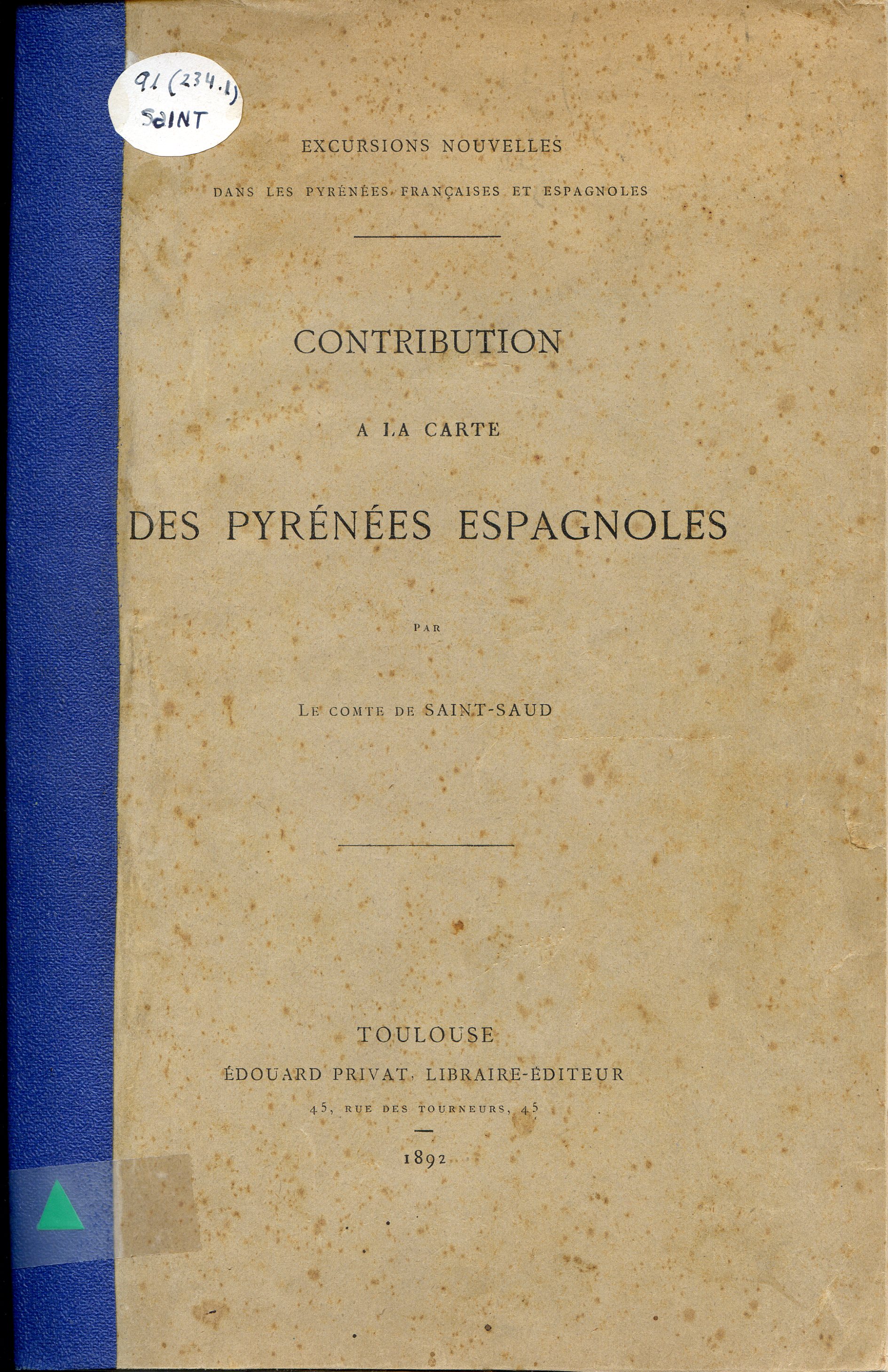 Contribution a la carte des Pyrénées espagnoles : Excursios nouvelles dans les Pyrénées françaises et espagnoles - Portada