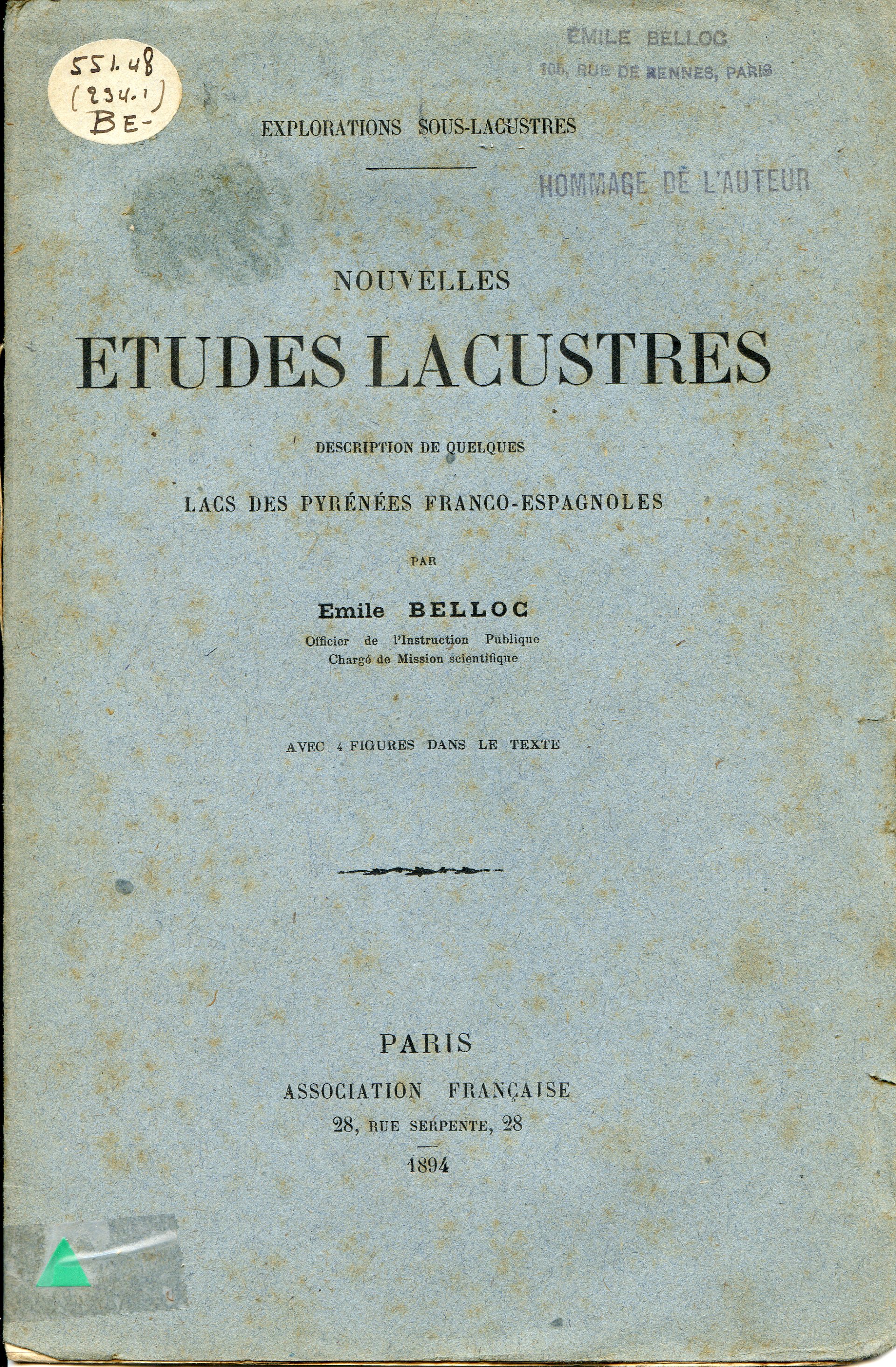 Novelles etudes lacustres : Description de quelques lacs des Pyrénées franco-espagnoles - Portada