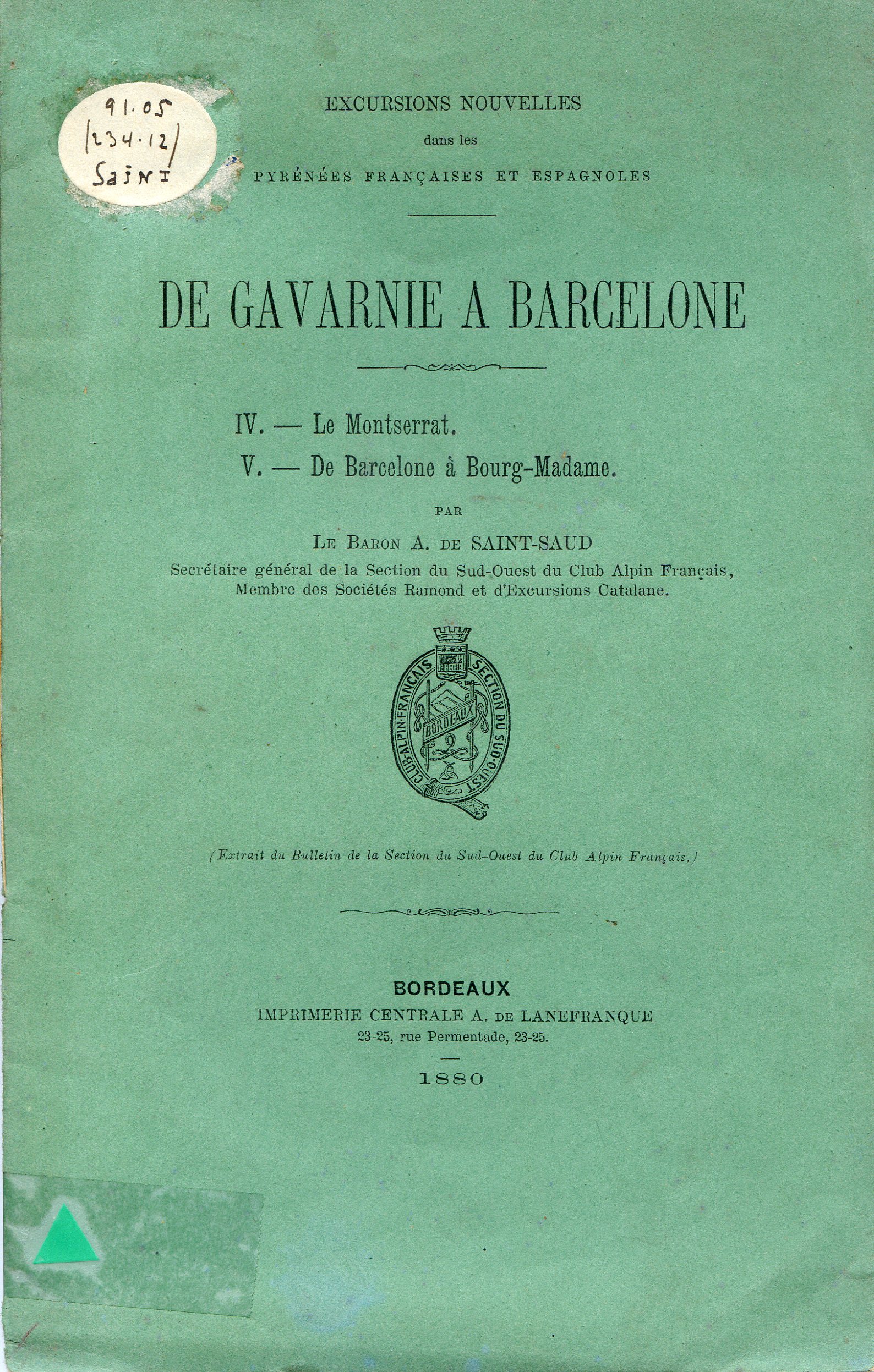 De Gavarnie a Barcelone : IV.- Le Montserrat. : V.- De Barcelone à Bour-Madame - Portada