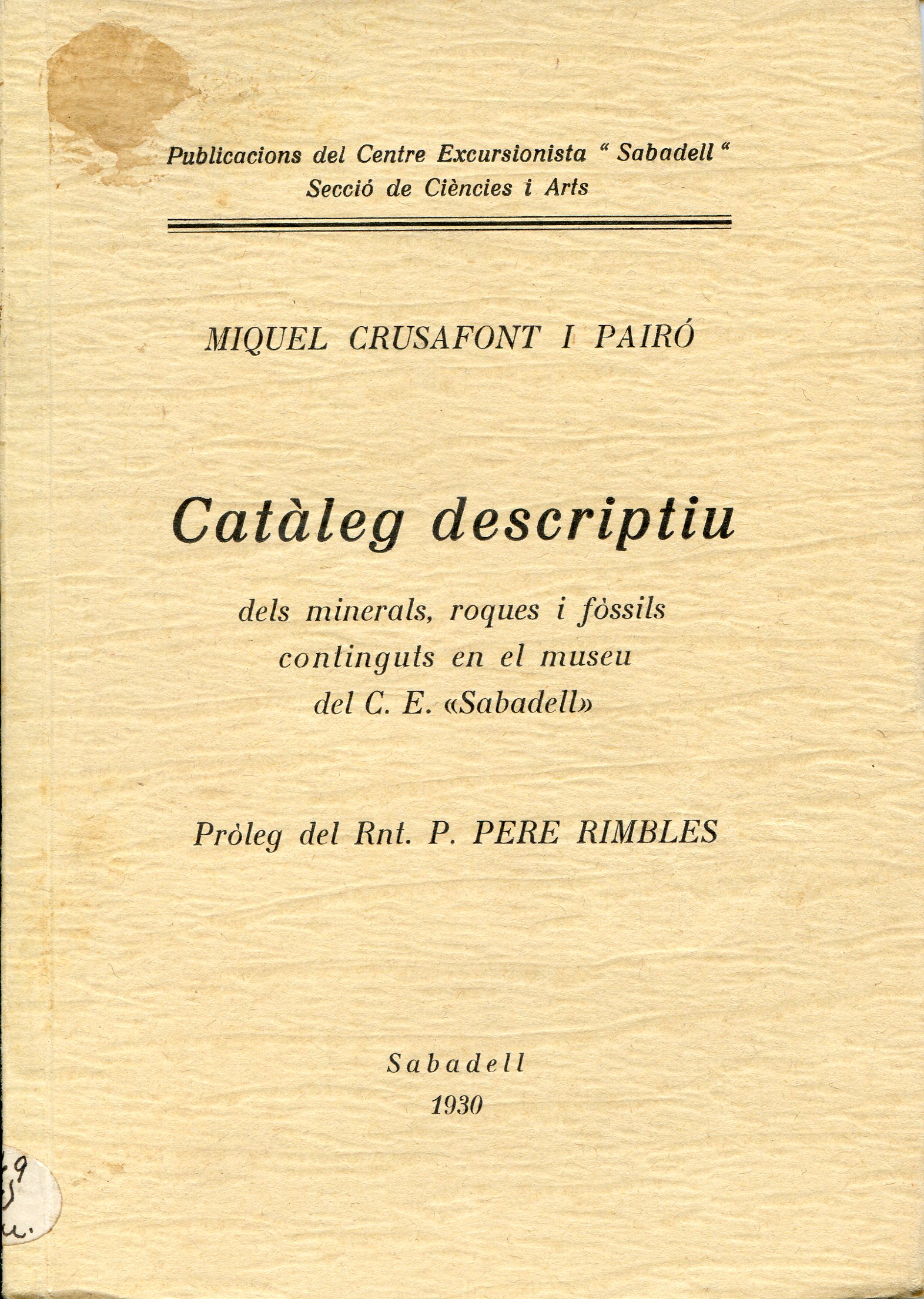 Catàleg descriptiu dels minerals, roques i fòssils continguts en el museu del C. E. "Sabadell" - Portada