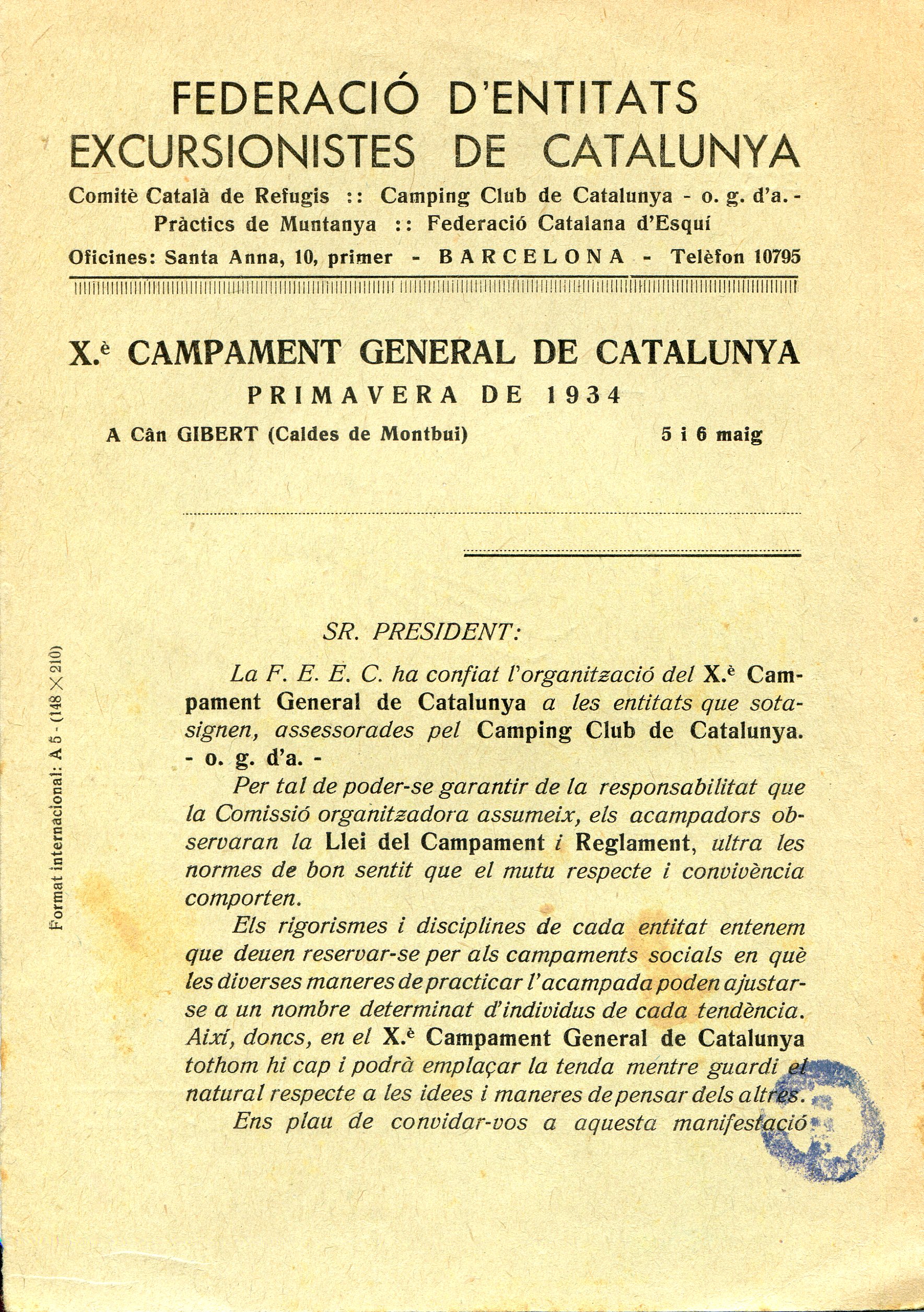 X.è Campament General de Catalunya : Primavera de 1934 A can Gibert (Caldes de Montbui)  5 i 6 de maig - Portada