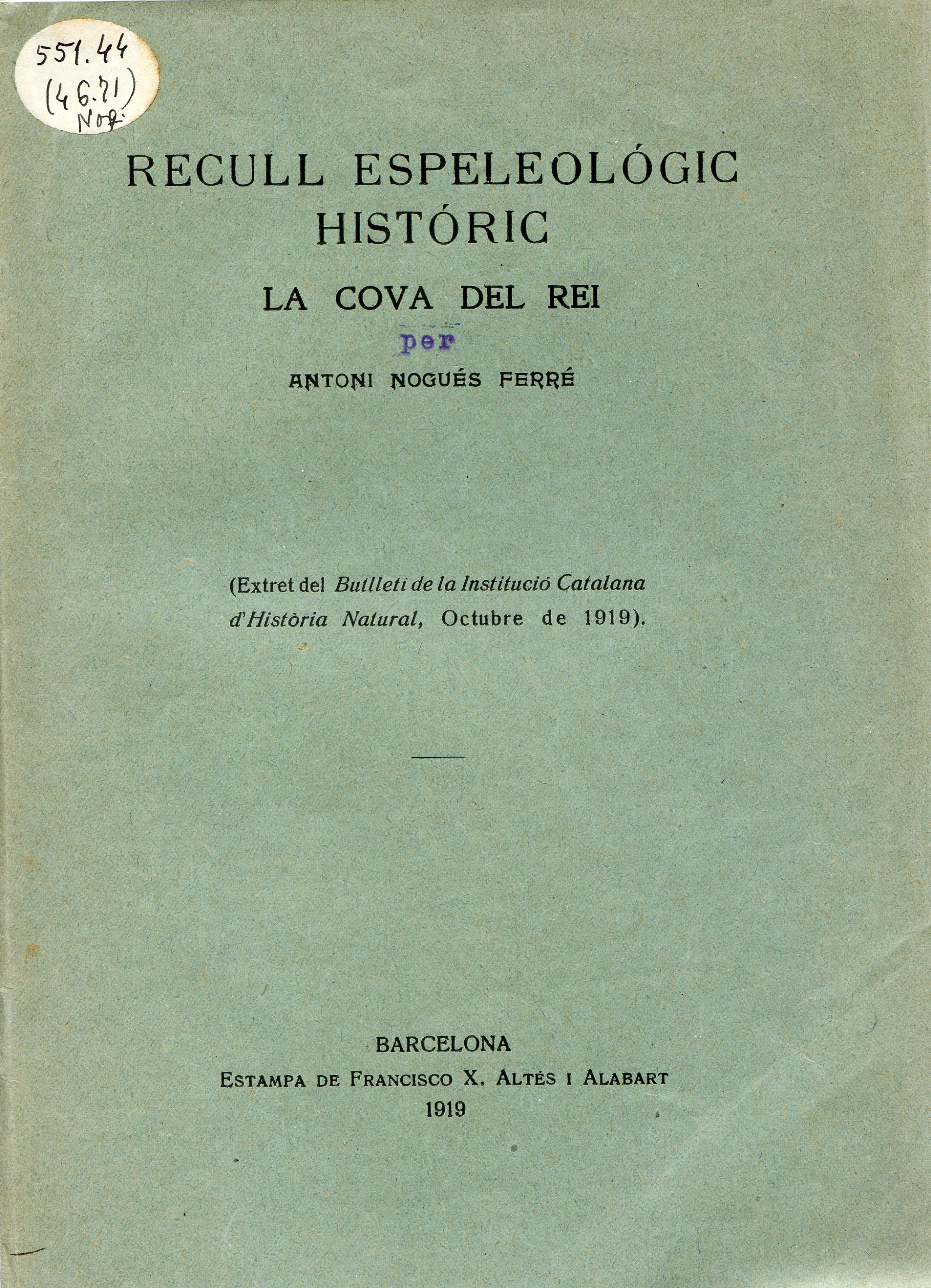 Recull espeleológic históric : La Cova del Rei - Portada