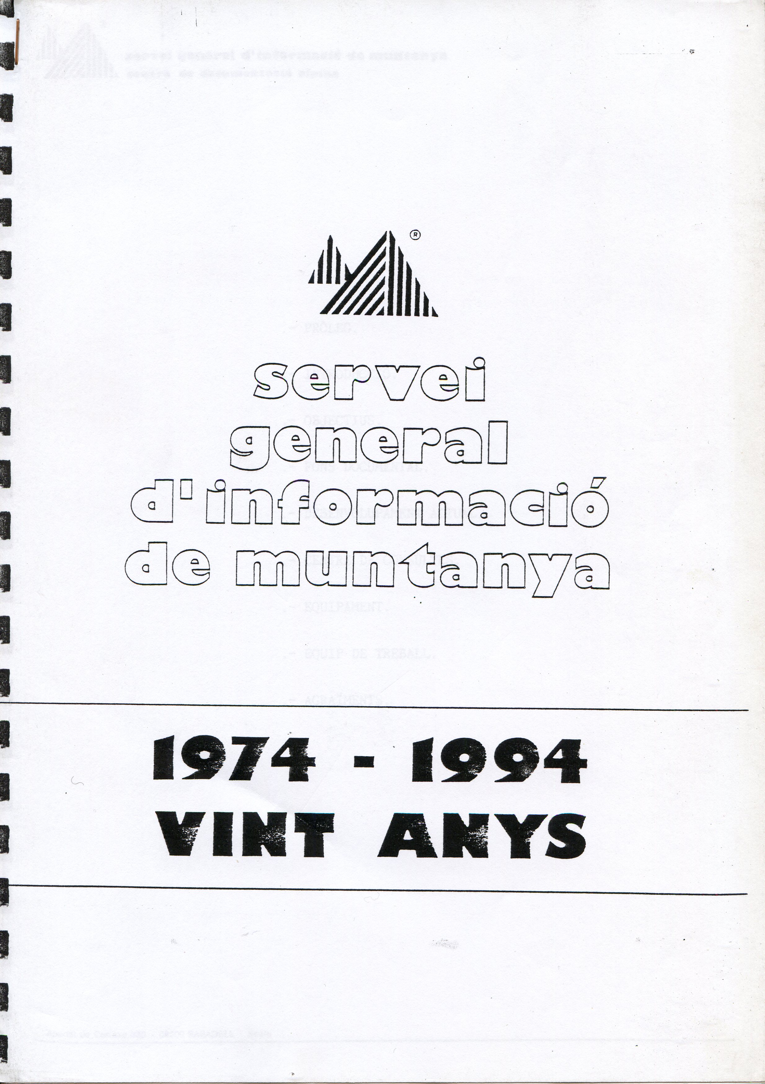 Servei General d'Informació de Muntanya : 1974-1994 vint anys - Portada