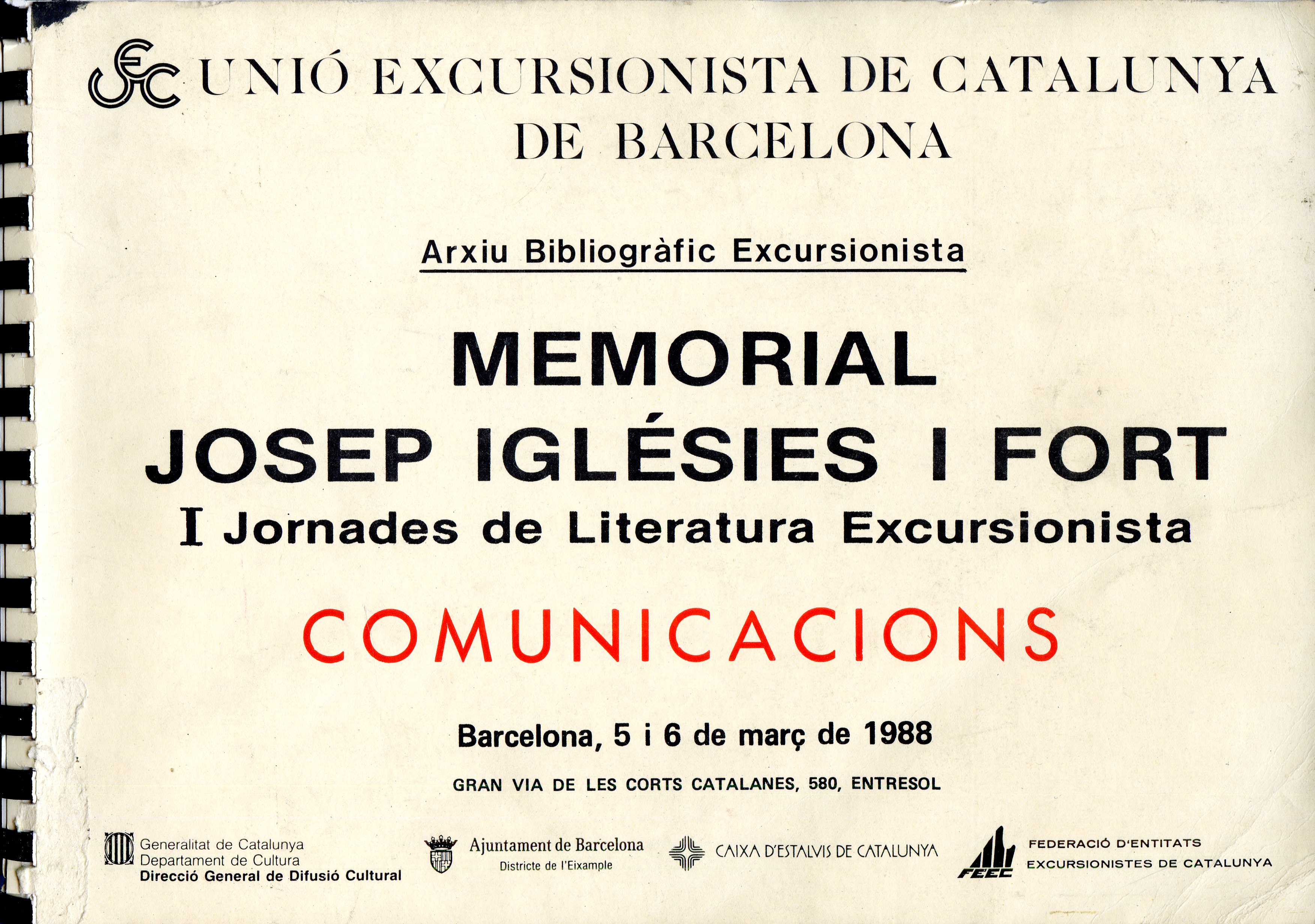Memorial Josep Iglésies i Fort : I Jornades de Literatura Excursionista : Comunicacions : Barcelona, 5 i 6 de març de 1988 - Portada